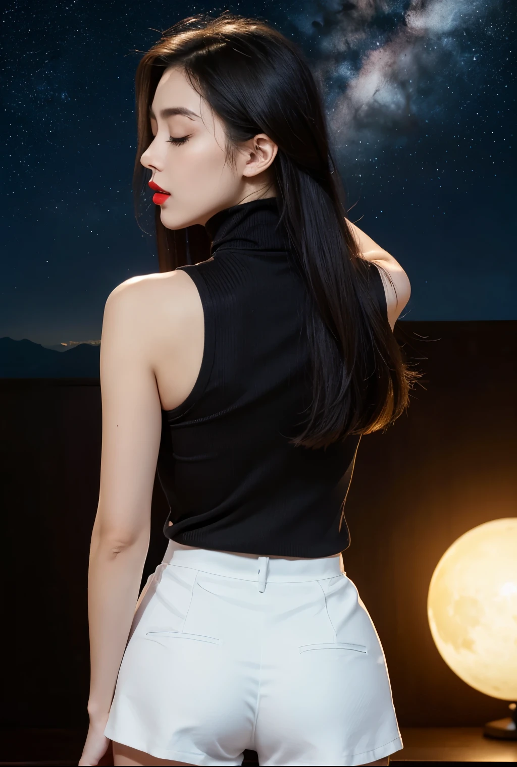 hot woman, sleeveless turtleneck shirt and elastic shorts, red lips, seductive, closed eyes, orgasm, nigth, moon ligth, stars, cloud, galaxy, from behind, fingers --style realistic-imagine -