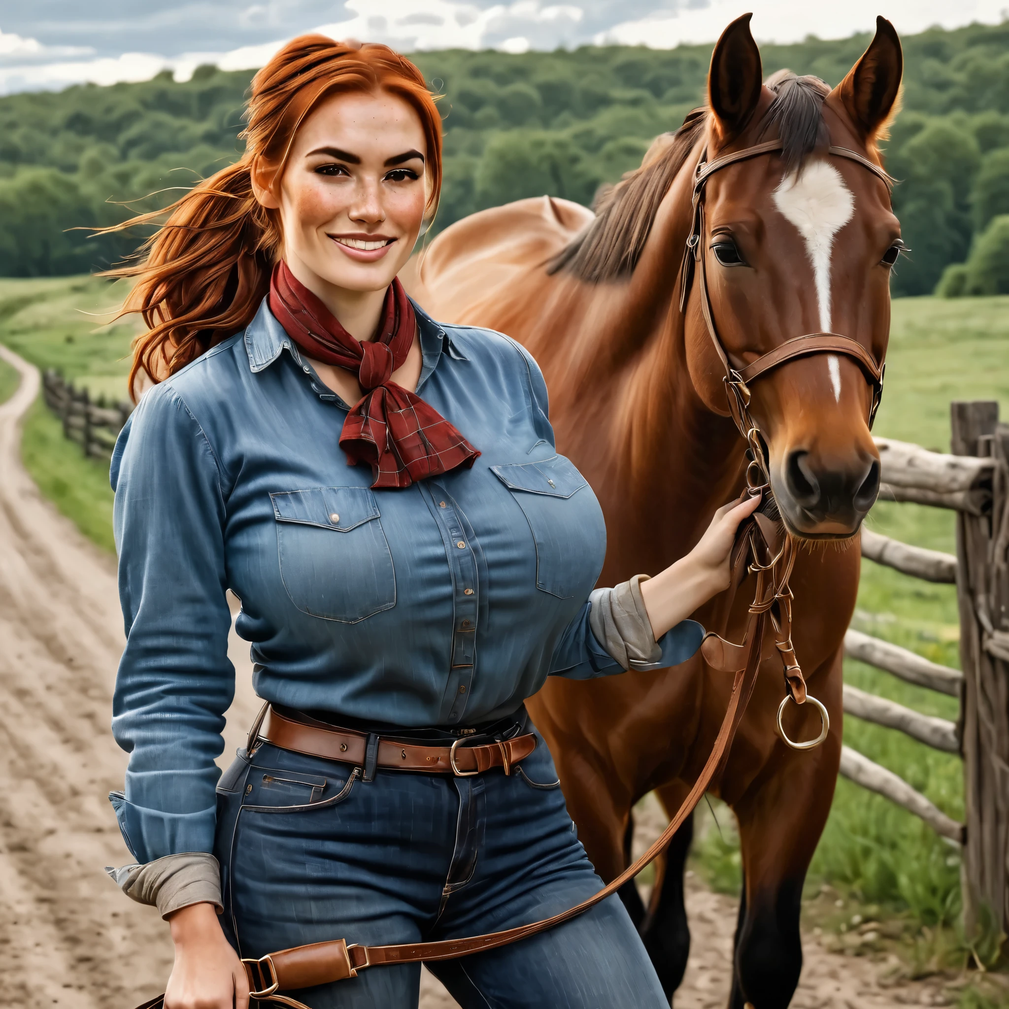 (photorealistic) a beautiful 35-year old scottish woman is posing next to an old red pick-up truck. She leans against the fender, her arms crossed. She is wearing a brown flanel shirt and a pair of dirty jeans, working gloves. The car is driving across the American prairie. She has brownish-red hair, hair in a ponytail. smirk on her face. pale skin and (freckles). (black eyebrows), (strong eyebrows), (high cheekbones), (brown eyes), (downturned eyes), (voluptuous), (huge breasts), motherly, plump
