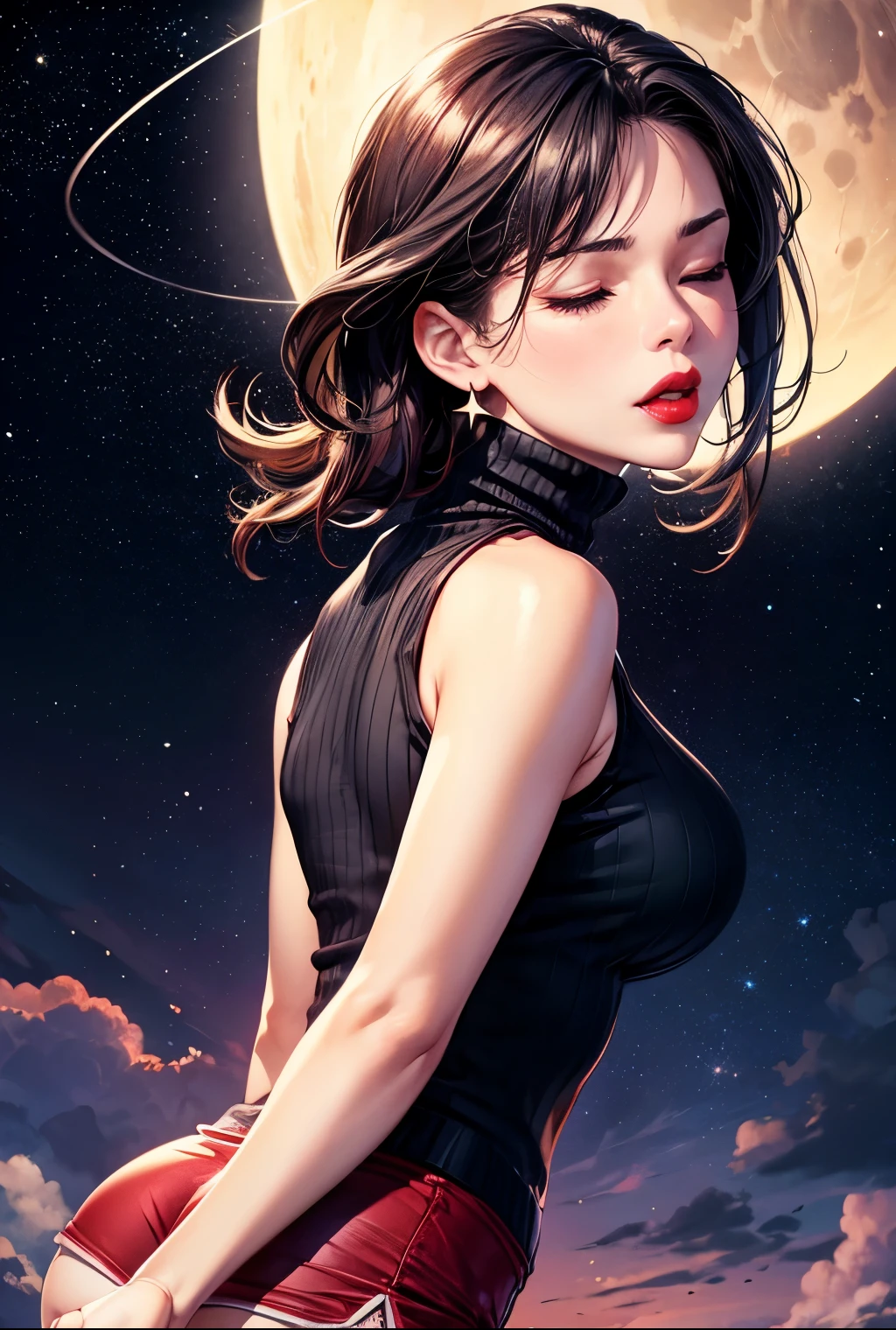 hot woman, sleeveless turtleneck shirt and elastic shorts, red lips, seductive, closed eyes, orgasm, nigth, moon ligth, stars, cloud, galaxy, from behind, fingers --style realistic-imagine -