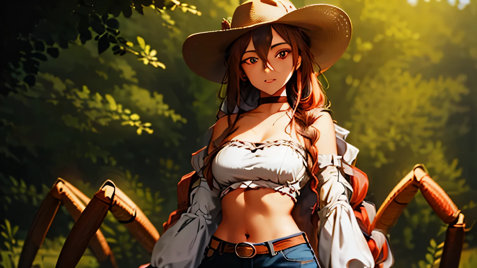 Brown Western Hat, face lighting, bright backlight, super high resolution, best quality, Photos, 1girl, hair between eyes, Arachne, long red hair, blue eyes, looking at viewer, western girl, cowgirl, spider girl ,arthropod girl, solo, full body, extra eyes, monster girl, bangs, hair over shoulder, teeth, bare shoulders, choker, groin, sidelocks, arthropod limbs, forest Western Costumes, Brown pants, woman western, spider legs coming out of back, spider fused with girl