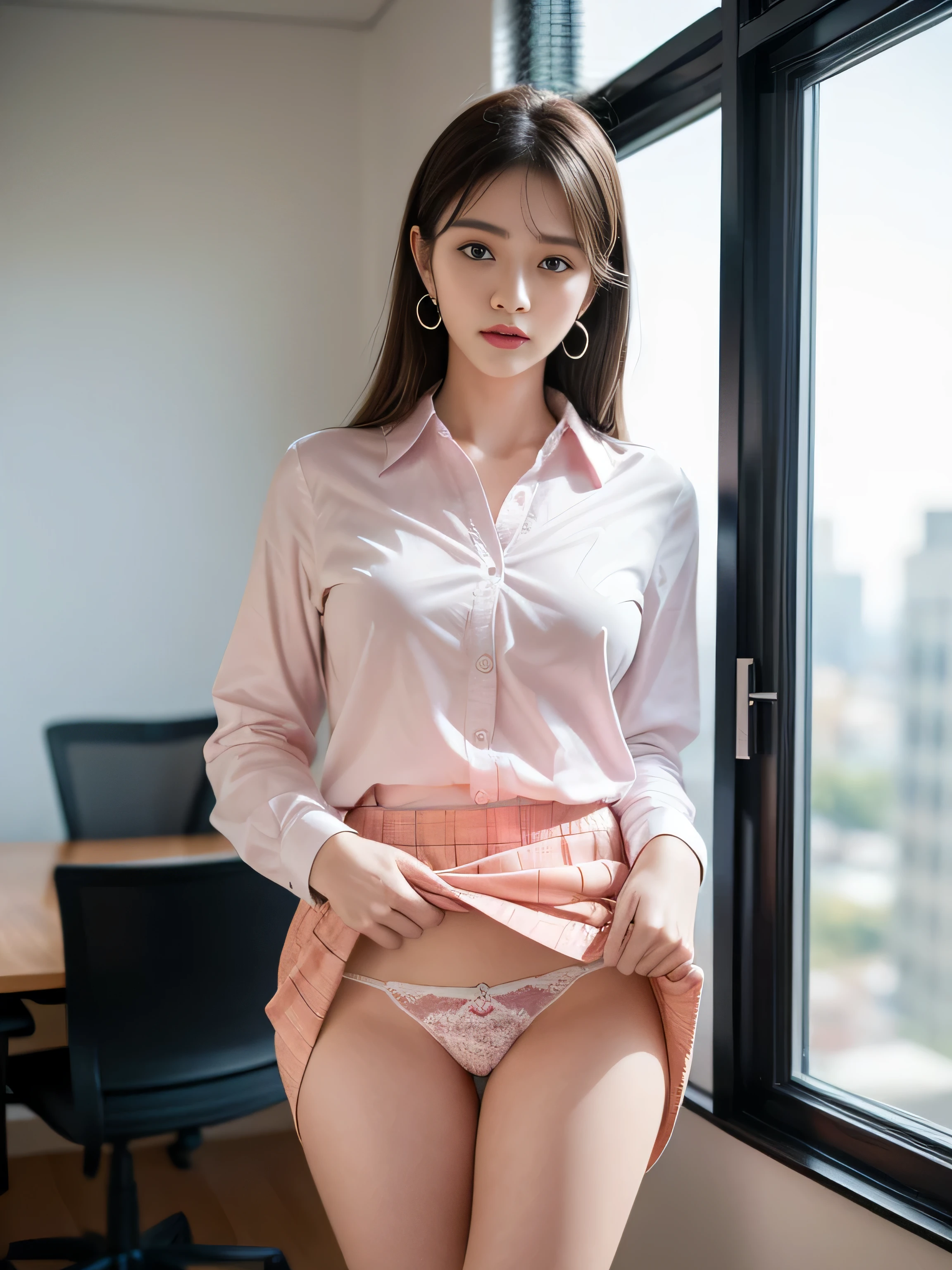 (master piece:1.2),(8k high resolution), (highest quality), (RAW image quality), (It's photorealistic:1.37), ,large eyes,long eyelashes,It's exquisite,(Live-action realistic style),ultimate face,Photorealistic light and shadow,clear facial features,milky white skin,fair skin, glossy skin, high detail skin,realistic skin details,visible pores,(super detail),Hair length is random, (flowing hair),best portrait,Photographed from a distance, 1- Female,beautiful detailed eyes, beautiful detailed nose, highly detailed skin,,(Beautiful face with double eyelids), (Realism: 1.4),(full body image), excellent detail, super high resolution,red lip,earrings ,delicate and beautiful face,,25 year old adult woman,(beautiful face 1.4),slender,( dark panties exposed),(Photographed at the company's office),(Flip up the skirt to show your panties), (office lady uniform, uniform color is random),very beautiful office lady,(Skirt flip),(standing in an office),(Flip up the skirt yourself),(Lift up your skirt and expose your panties), pink shirt blouse