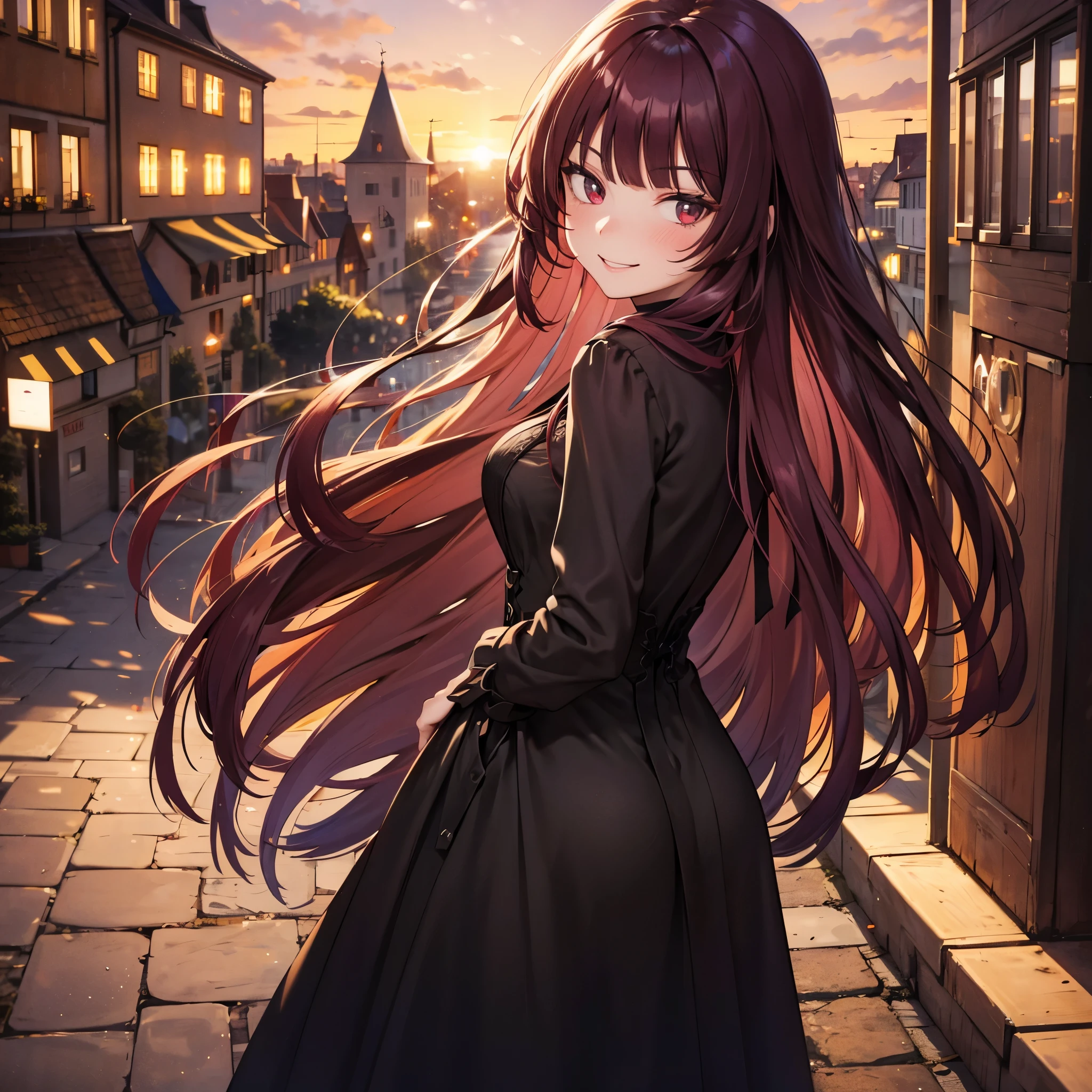 A woman in a black dress, burgundy hair, burgundy eyes, smiling in a German city at sunset.
