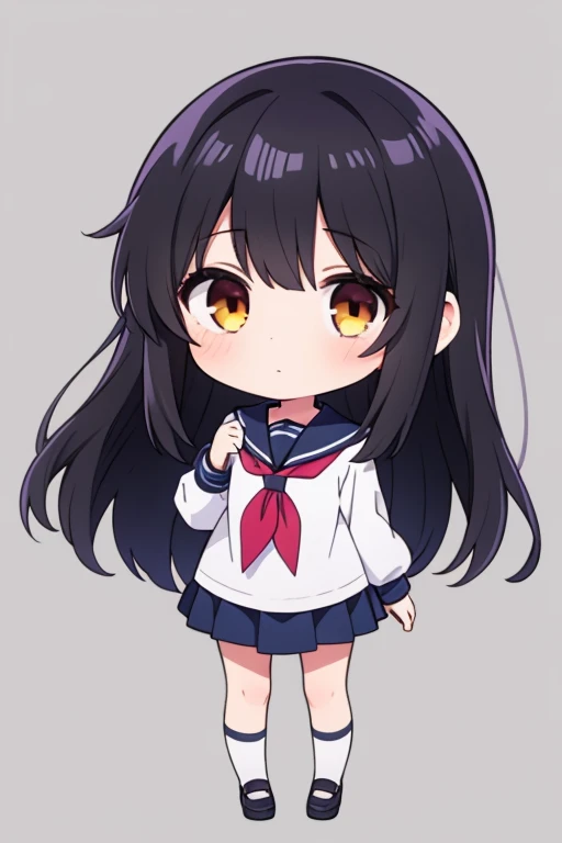 1girl, serafuku, neckerchief, black hair, brown eye, long hair, chibi, standing, full body