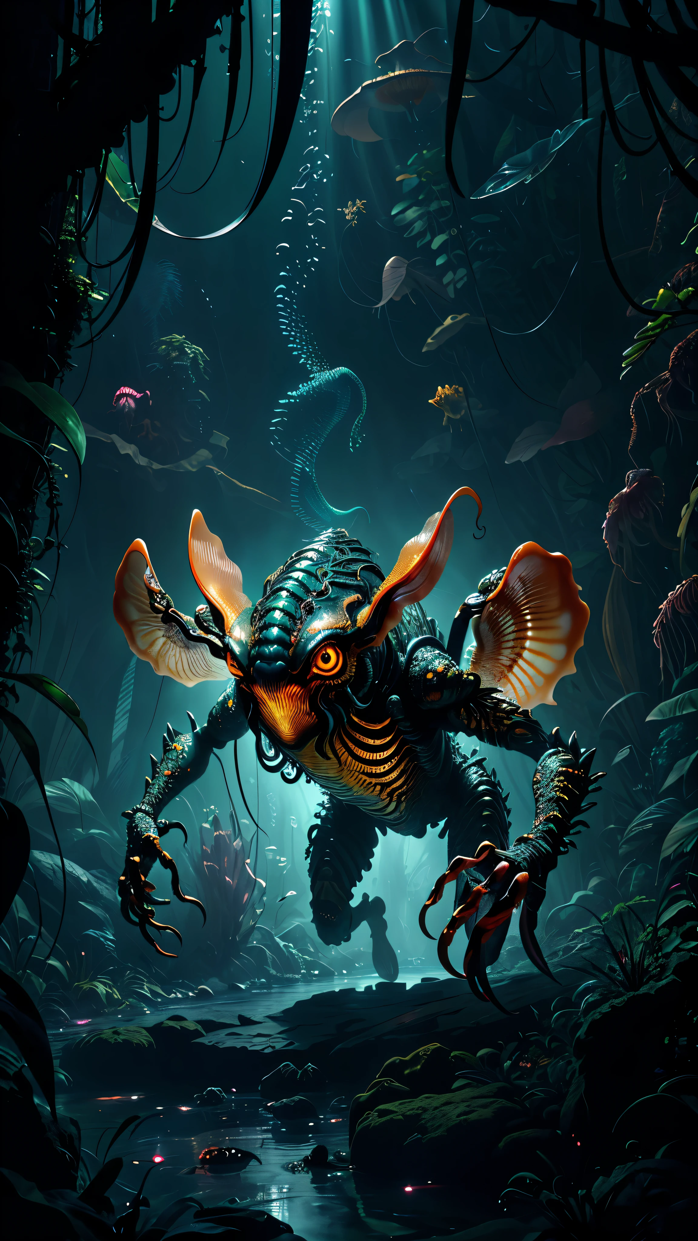 predator creature like with ((six legs)) creature with transparent and lighting body, walking on all six legs, (((cuttlefish head))), ((four eyes)),jellyfish transparent body, six leghs, in the jungle, jungle, rain forest, high image quality, realistic look, high-resolution photography, 8K, full-frame matrix, deep shadows, ((one character)), (intricate details, subsurface scattering, hyperdetailed:1.15), (hyperrealism, volumetric lighting, sharp:1.5) Fujifilm XT3