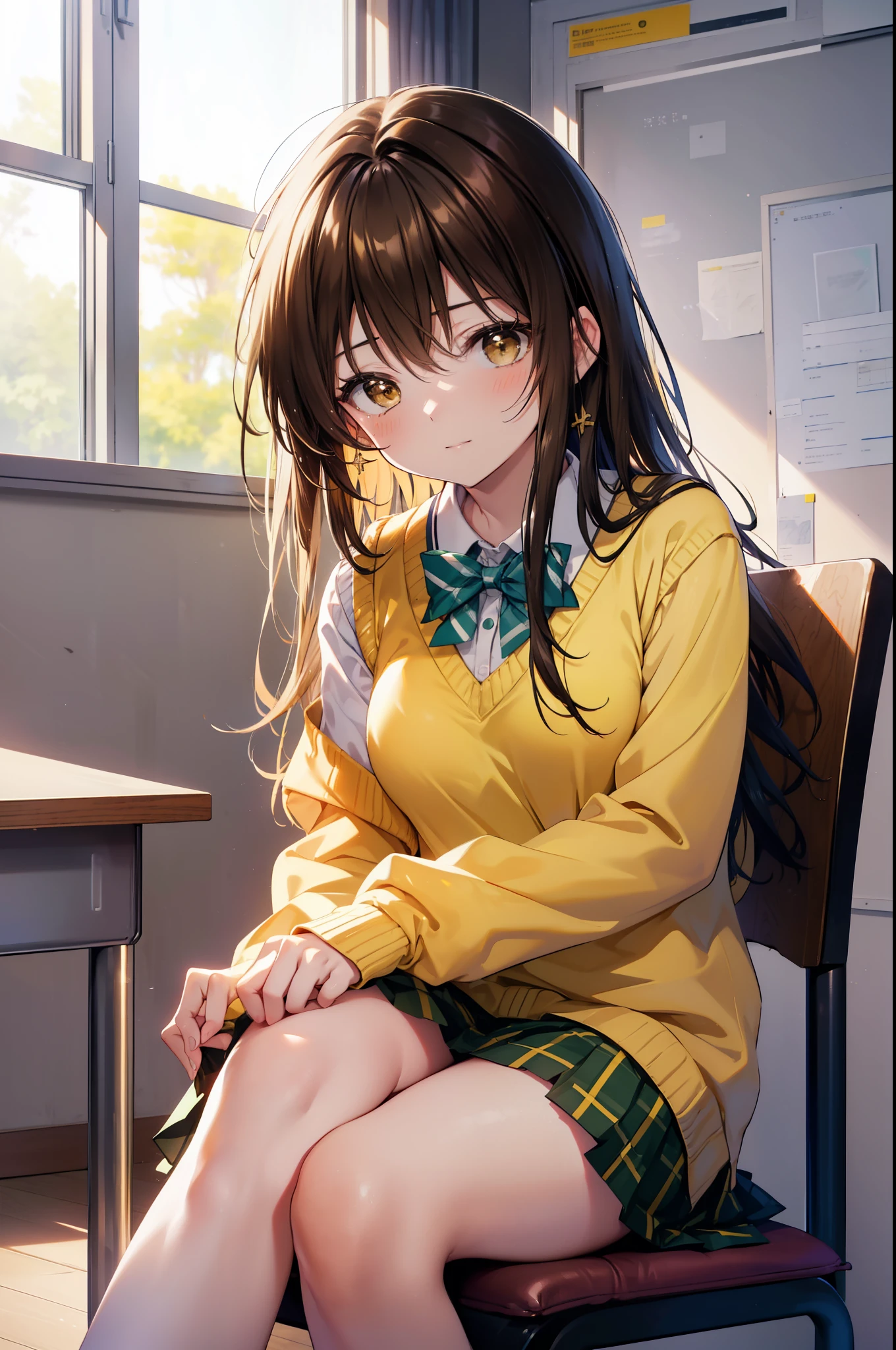 kotegawayui, yui kotegawa, black hair, (brown eyes:1.5), long hair,smile,blush,open your mouth,
break green skirt, plaid, plaid skirt, Sainan High , , skirt, sweater vest, (yellow sweater:1.3), short sleeve,black tights,brown loafers,sit cross-legged on a chair,There is a textbook on the desk,
break looking at viewer,
break indoors, classroom,
break (masterpiece:1.2), highest quality, High resolution, unity 8k wallpaper, (figure:0.8), (detailed and beautiful eyes:1.6), highly detailed face, perfect lighting, Very detailed CG, (perfect hands, perfect anatomy),