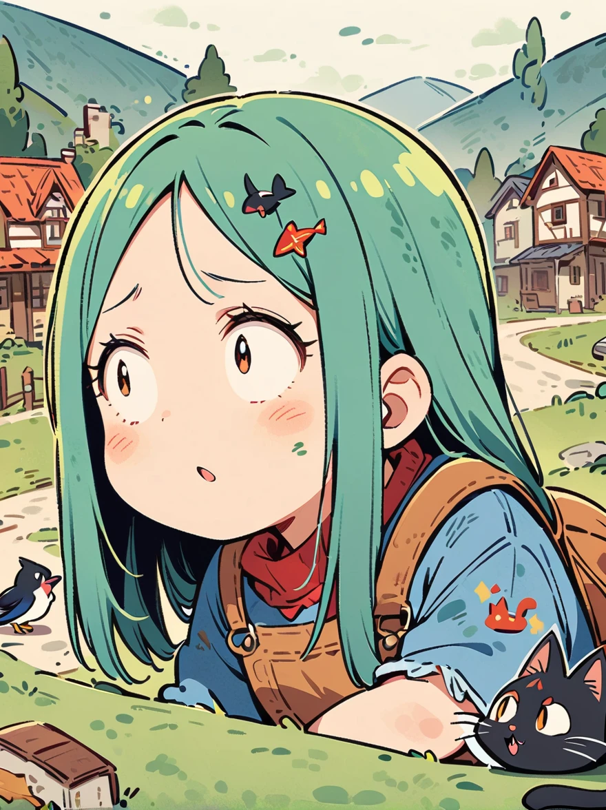 (The girl's head is decorated with whimsical illustrations of houses, swallows), trees and hills in green tones, evoking the charm of a charming rural landscape. The background blends in with her hair, exuding an air of tranquility and creating a harmonious composition that captures the beauty of nature. The illustration symbolizes the harmony between humans and the environment, focusing on the face. ((White background))