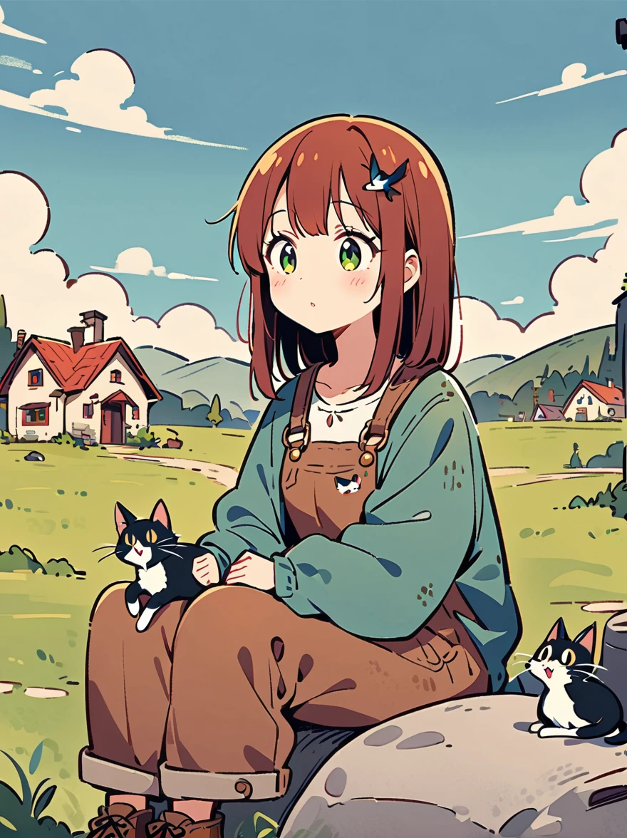 (The girl's head is decorated with whimsical illustrations of houses, swallows), trees and hills in green tones, evoking the charm of a charming rural landscape. The background blends in with her hair, exuding an air of tranquility and creating a harmonious composition that captures the beauty of nature. The illustration symbolizes the harmony between humans and the environment, focusing on the face. ((White background))