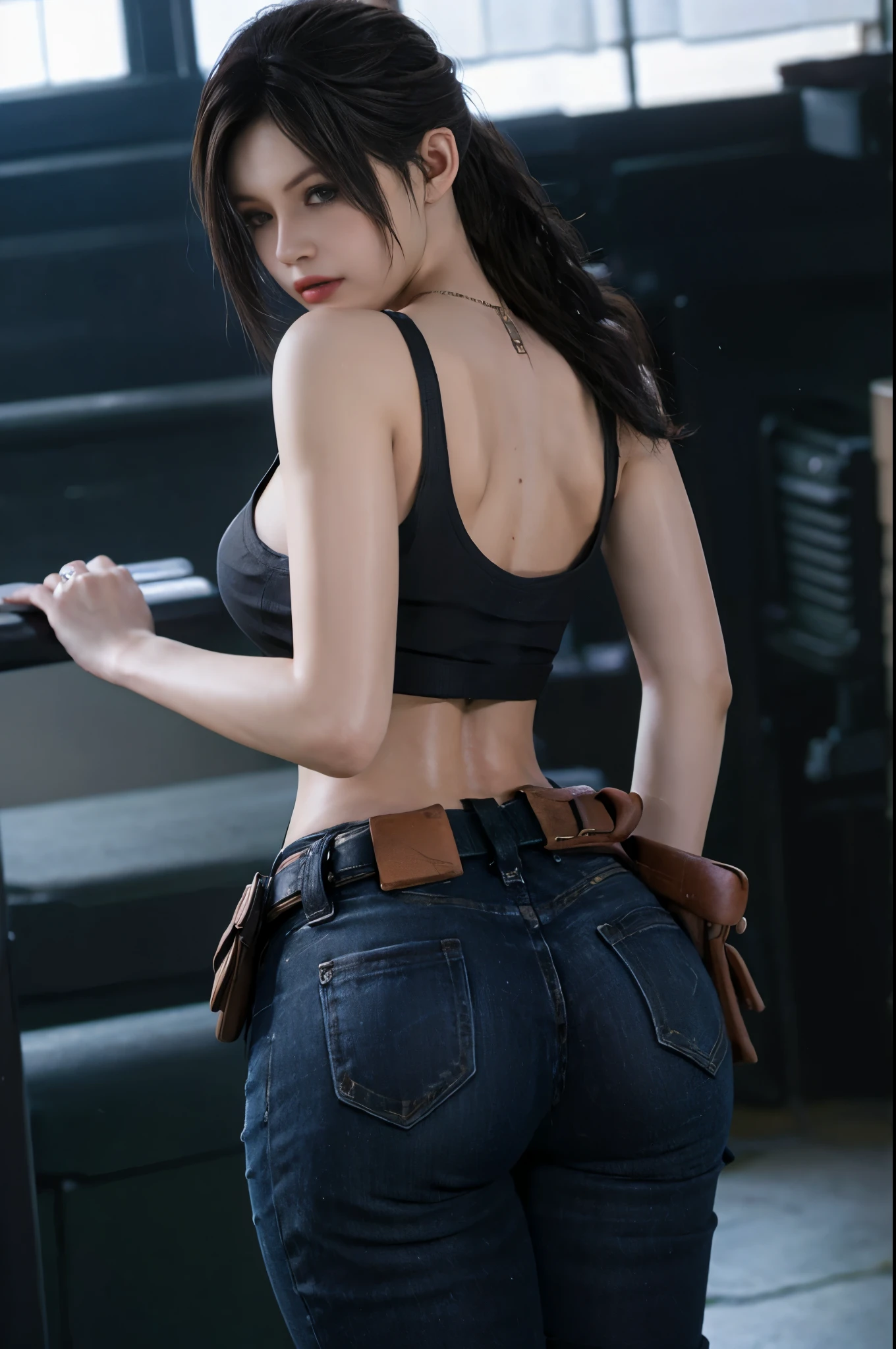 Claire Redfield, walking, wear jeans, back, open the leg, ass , black camisole