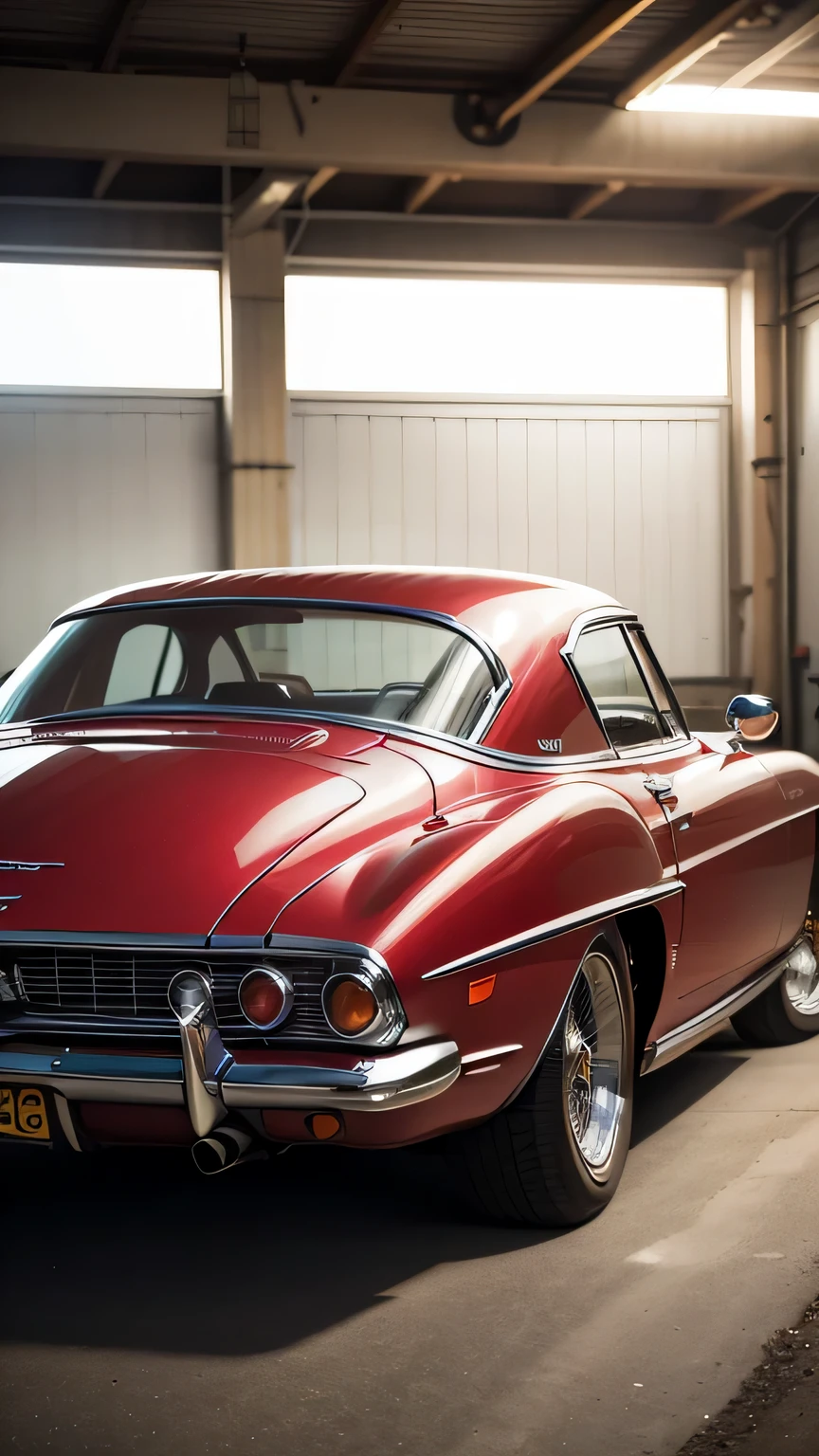 arafed view of a classic car in a garage with a bright light, by Harvey Pratt, automotive photography, by John La Gatta, by Matt Cavotta, by Josh Bayer, hq 4k phone wallpaper, by Brigette Barrager, by John Broadley, by Kurt Roesch, by Dennis Flanders, by Carey Morris, by Dan Luvisi