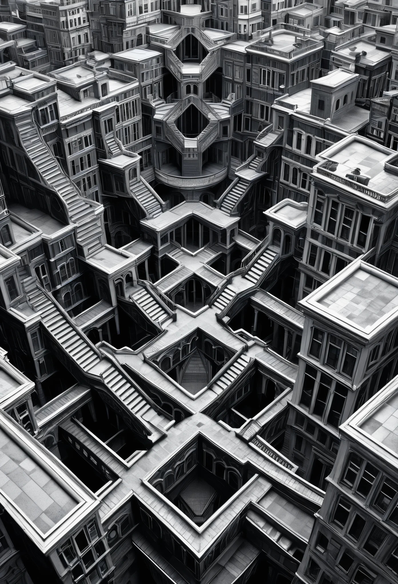 An impossible city where staircases twist and turn, blending seamlessly into fractal skyscrapers that pierce through shifting clouds style of Escher