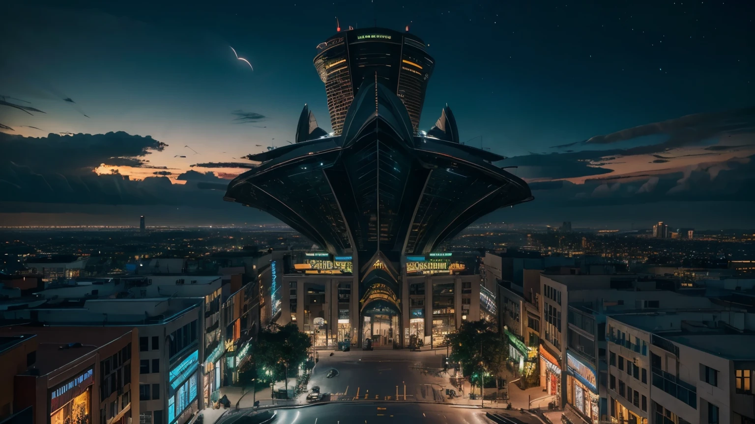 best quality,4k,8k,highres,masterpiece:1.2,ultra-detailed,realistic,physically-based rendering,professional,vivid colors,bokeh,dinofox city,illustration,night scene,glowing lights,immersive atmosphere,dreamy,enchanted city,shimmering buildings,towering skyscrapers,lush greenery,sparkling rivers,playful dinofoxes,joyful expressions,wonder-filled eyes,curly tails,lovely fur patterns,colorful feathers,flying dinofoxes,marvelous architecture,futuristic elements,neon signs,dramatic shadows,reflective surfaces,striking contrasts,magical sunset,surreal cities,whimsical charm,captivating composition,breathtaking view,expansive metropolis,seamless blend of nature and urbanity,mesmerizing skyline,majestic mountains in the distance,mystery hiding in every corner,as if from another world,exploration and adventure,lively energy in the air,thriving ecosystem amidst the dinofoxes.