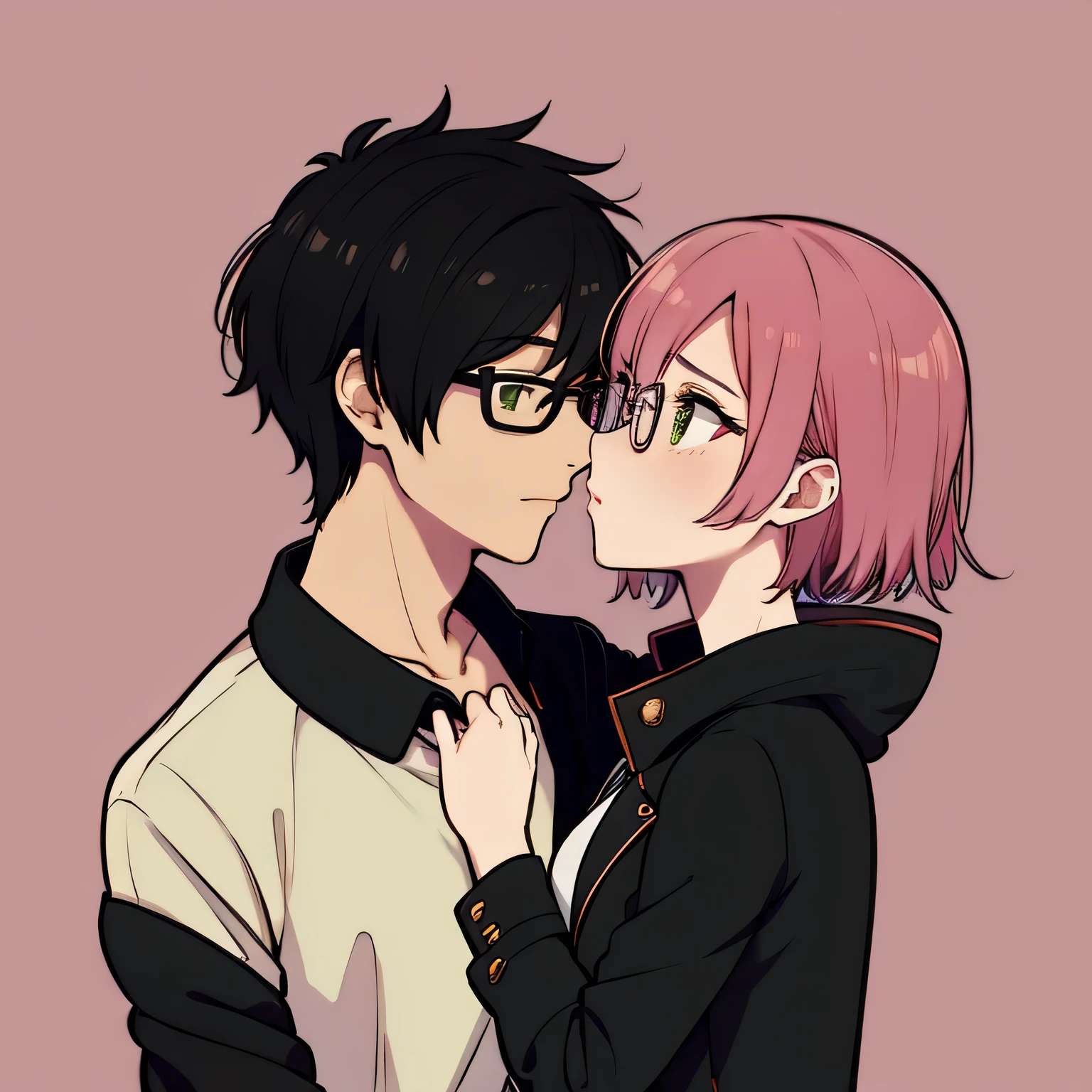 1 chico con pelo negro, red jacket and glasses romantically kissing a girl with pink hair and green eyes, campo de flores en el fondo, amor verdadero, mejillas sonrojadas, alta calidad 