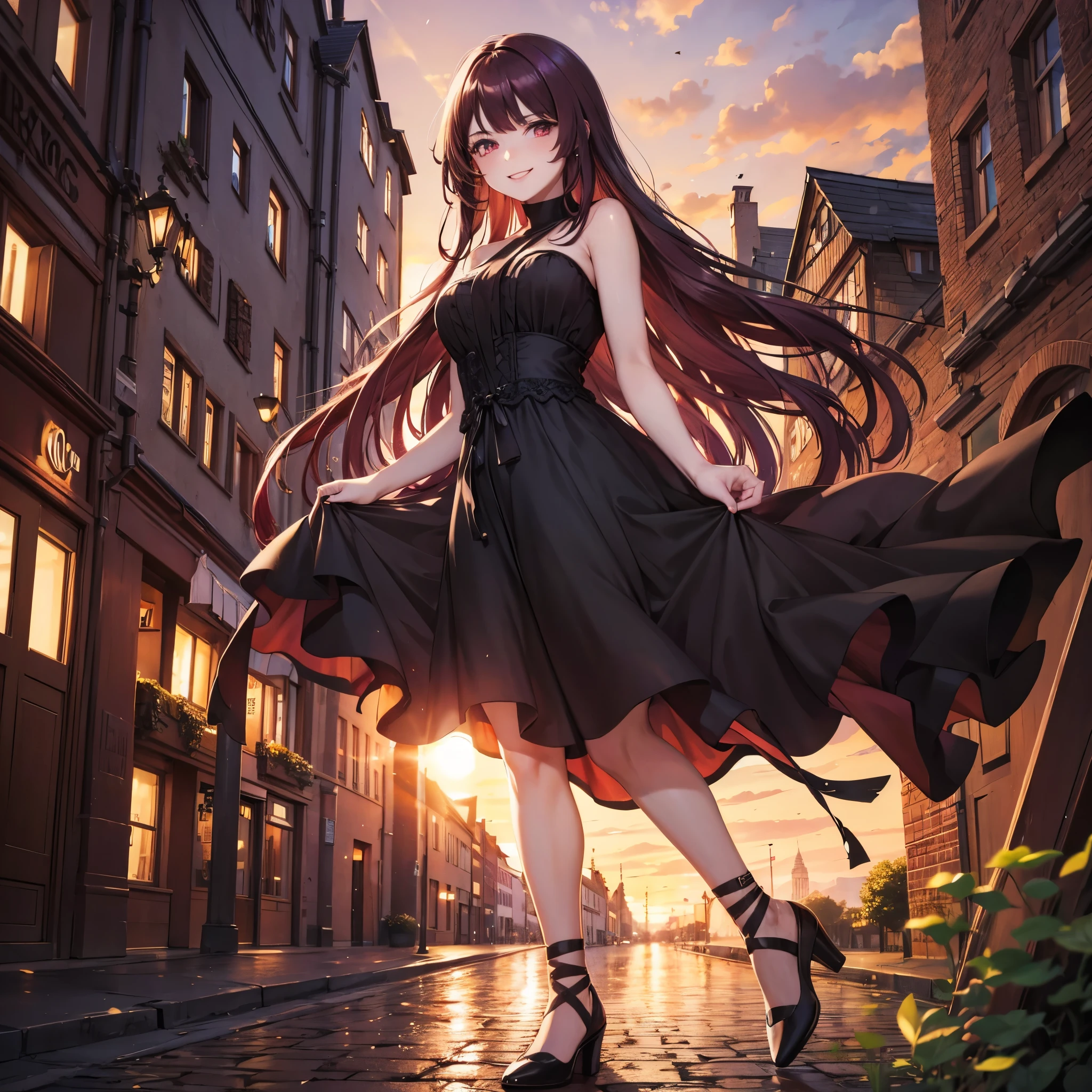 A woman in a black dress, burgundy hair, burgundy eyes, smiling in a German city at sunset.
