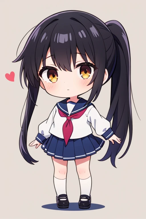 1girl, serafuku, neckerchief, black hair, brown eye, ponytail, chibi, standing, full body
