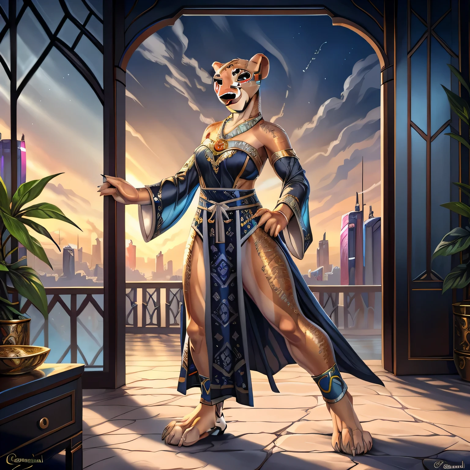 （Nala), standing, Solo,, Detailed Fur texture, Bedroom, (Cyberpunk), (tribe outfit, ), (shoulders down,Leg underwear),Plastic sandals,Silver-white body,White belly, dawn, shaded, Dim environment, (drakgem), ((rakisha)), (kontanagamori)), (Upward view), It looks painful, [Simple background], Detailed pupils, Masterpiece artwork, Caustics, rim lit, Singlelightsource, Sharp shadows, solo portrait，finger claws, (digitgrade, toe claws), (Hanfu), by Inessa Garmash, greg rutkovsky, pino daeni, ruanjia