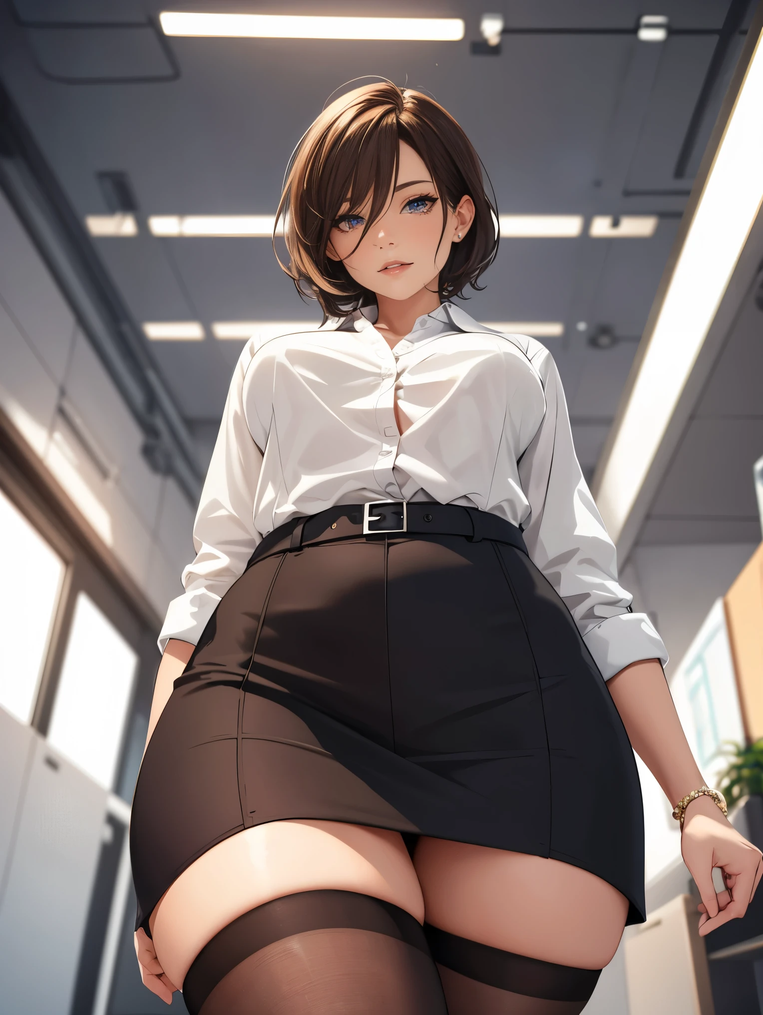 High quality ultra-realistic female images, office room woman, Masterpiece of sexy pose, ((highest quality)), ((Complex)), (surreal), mature woman, perspective, very detailed, shape, 1 girl, perfect hands, finger details, fine and beautiful eyes, short hair, brown eyes, open office shirt, Tight Skirt, stockings, perfect eyes, enchanting eyes, looking at the viewer, from below