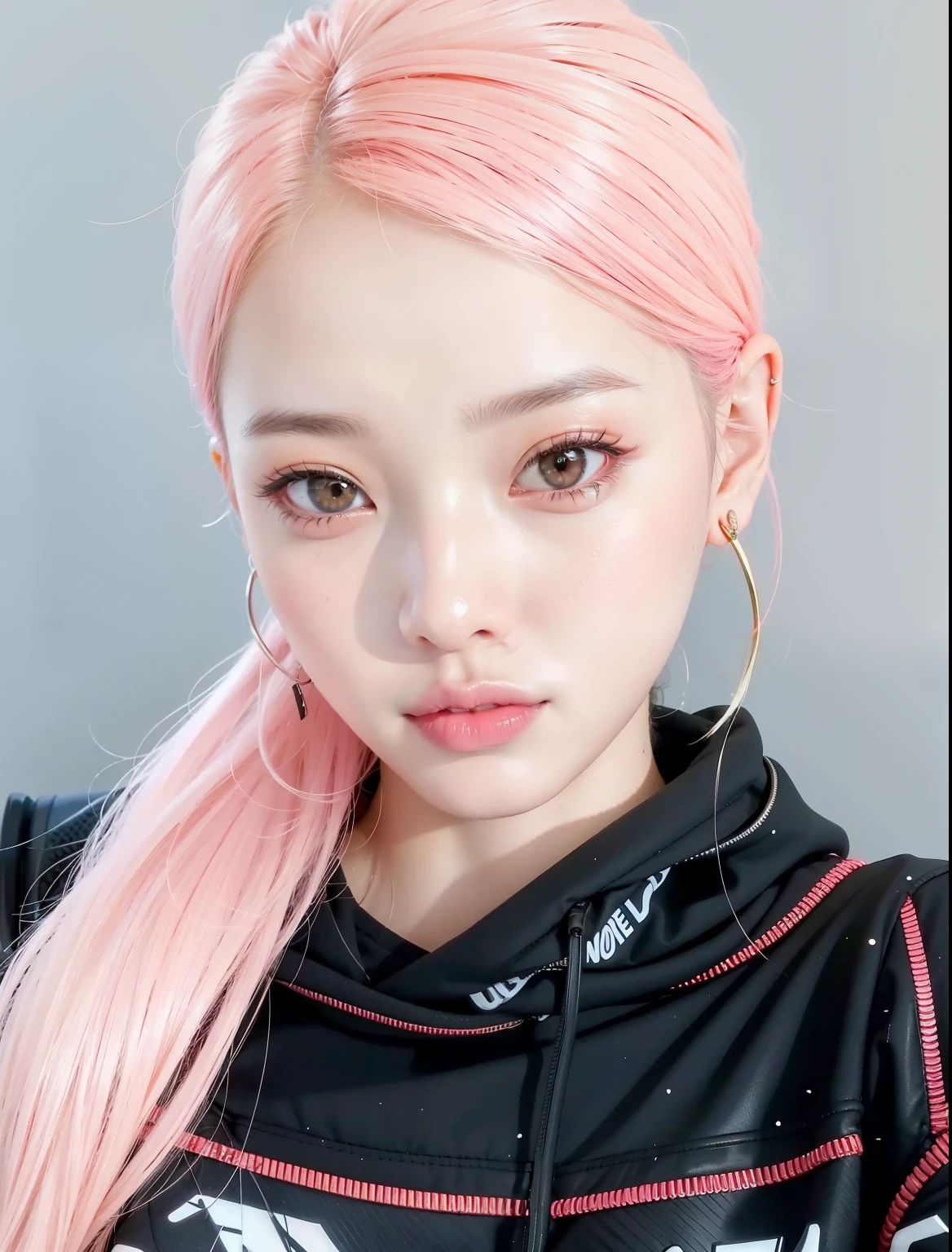 there is a woman con cabello rosado and a black jacket, portrait of jossi de blackpink, Cabello rosado y ojos cian., kim doyoung, sakimichan, con cabello rosado, ulzzang, jossi de blackpink, jinyoung shin, 8k selfie photography, capturado en canon eos r 6, kim taejin, sun yunjoo