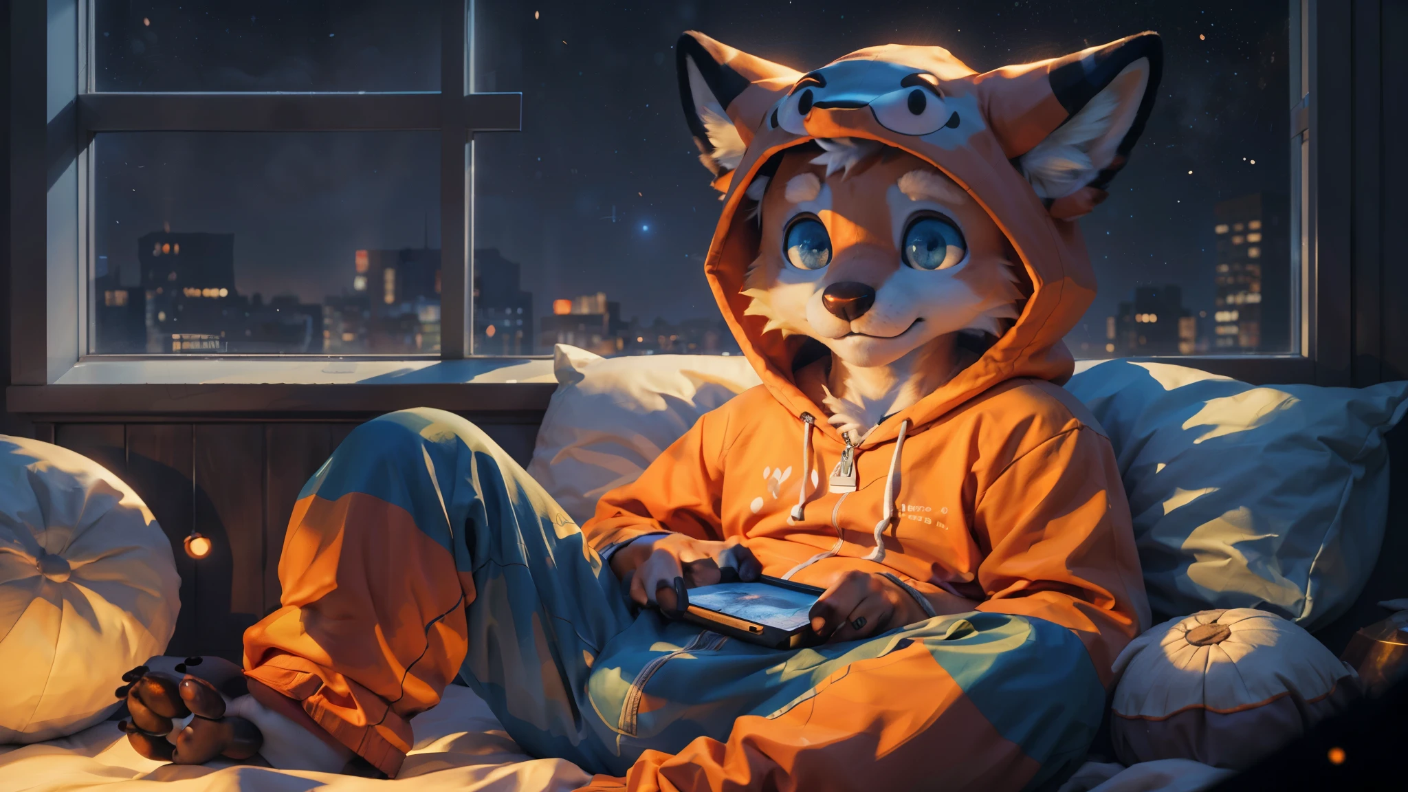 Masterpieces,official art,furry,male,shota,Anthropomorphic orange fox,Delicate face,blue eyes,no hair, animals onesie, bedroom, cozy room,night, depth of field, perfect lighting, light particles,(best quality),(masterpiece),(ultra detailed),sharp focus,light particles. Focus on character.