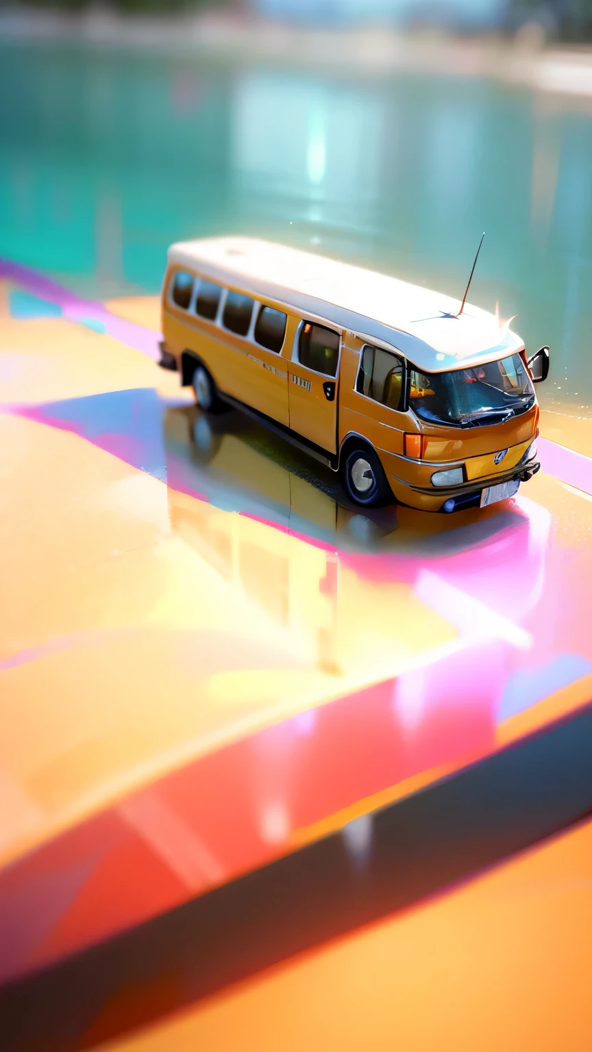 arafed yellow bus with luggage on top on a beach, miniature photography, instagram post, miniature photography closeup, photo pinterest, tilt-shift photography, tilt - shift photography, instagram photo, microbus, yellow school bus, beach surreal photography, tilt shift photography, beach aesthetic, on a sunny beach, at the beach, hyperealistic photo, toy photography