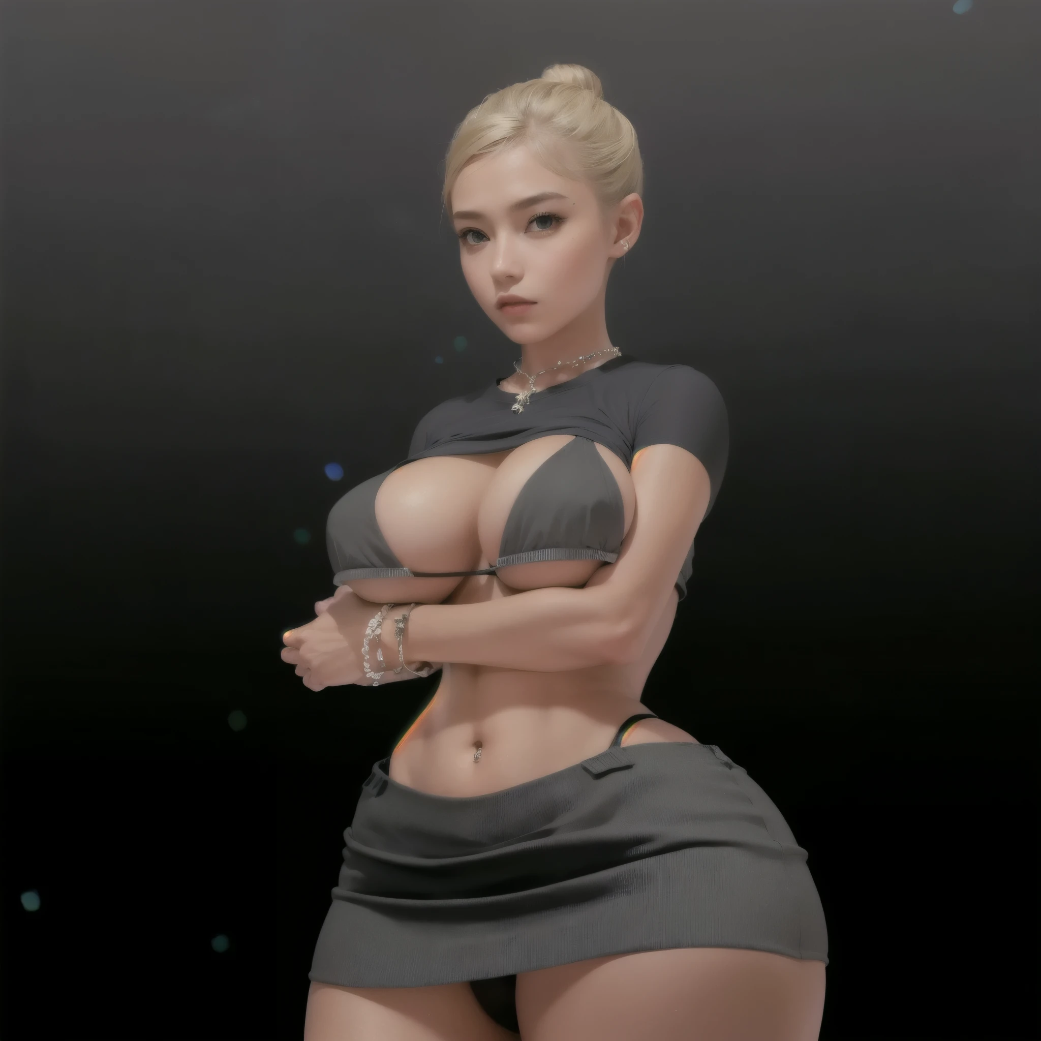 (masterpiece), (best quality), (ultra-detailed), ((masterpiece)) ((best quality)) ((ultra-detailed)) woman, grey bra, shirt, and skirt, blonde bun hair, crossing arms