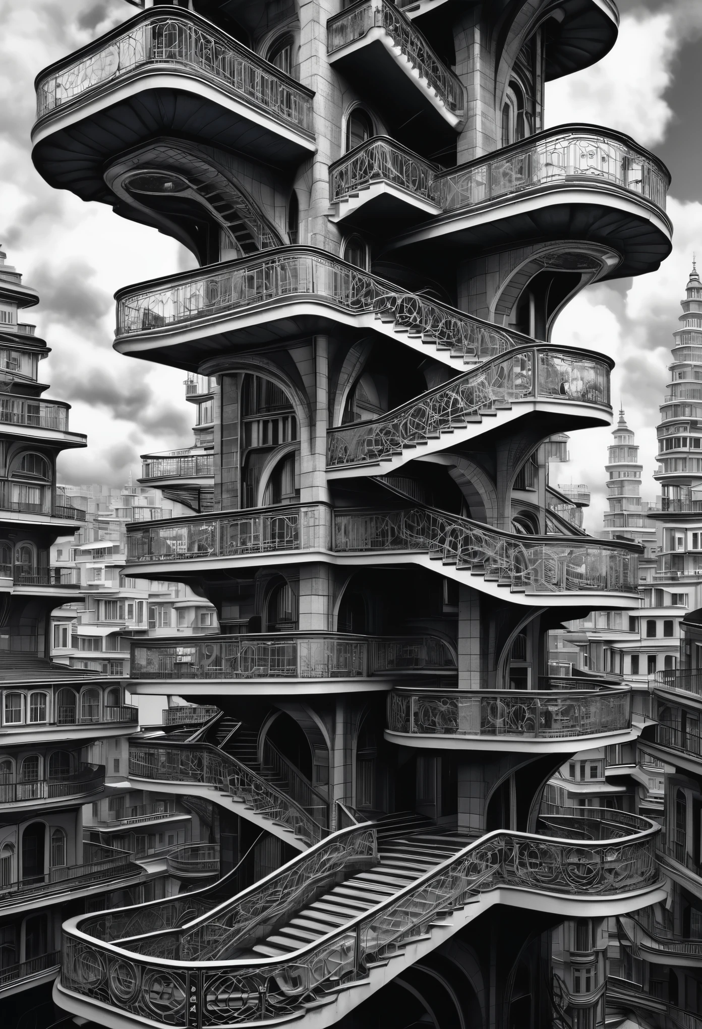 An impossible city where staircases twist and turn, blending seamlessly into fractal skyscrapers that pierce through shifting clouds style of Escher
