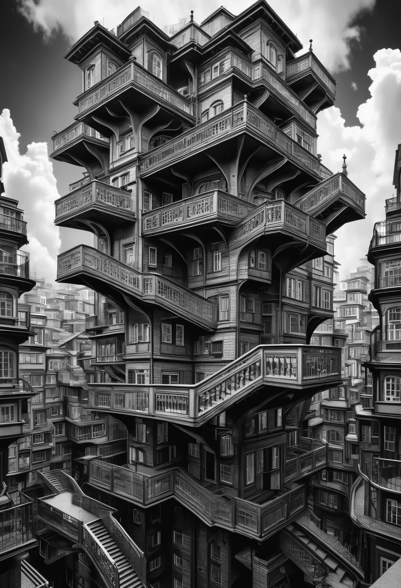 An impossible city where staircases twist and turn, blending seamlessly into fractal skyscrapers that pierce through shifting clouds style of Escher