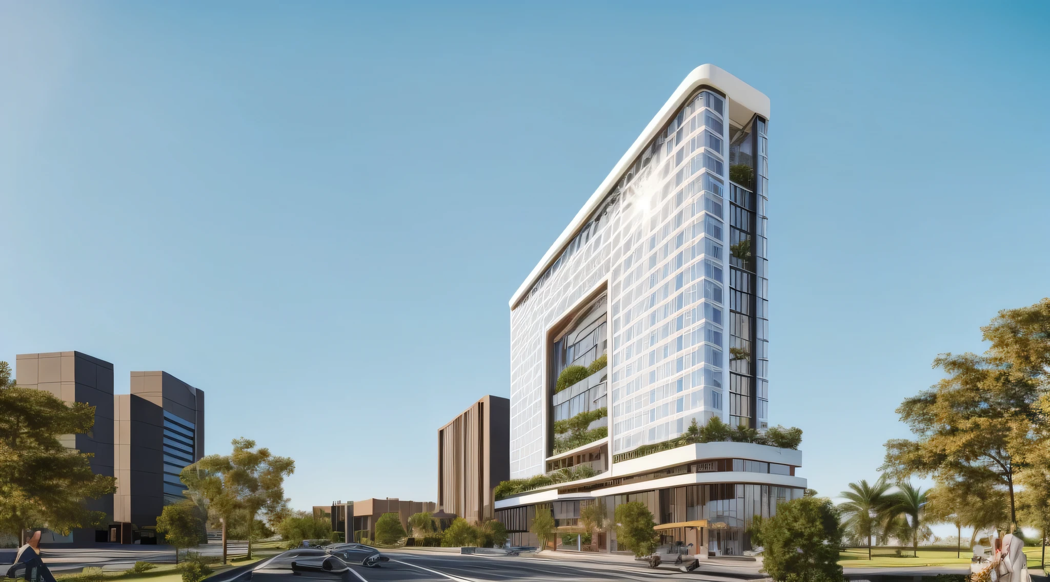 rendering of a modern office building with a street scene in the foreground, masterpiece, high quality, best quality, authentic, super detail, exterior, road, (landscape: 1.1), (daytlight:1.1), vivid colour, (realistic:1.2), sunlight, cars, (reflected glass: 1.1)