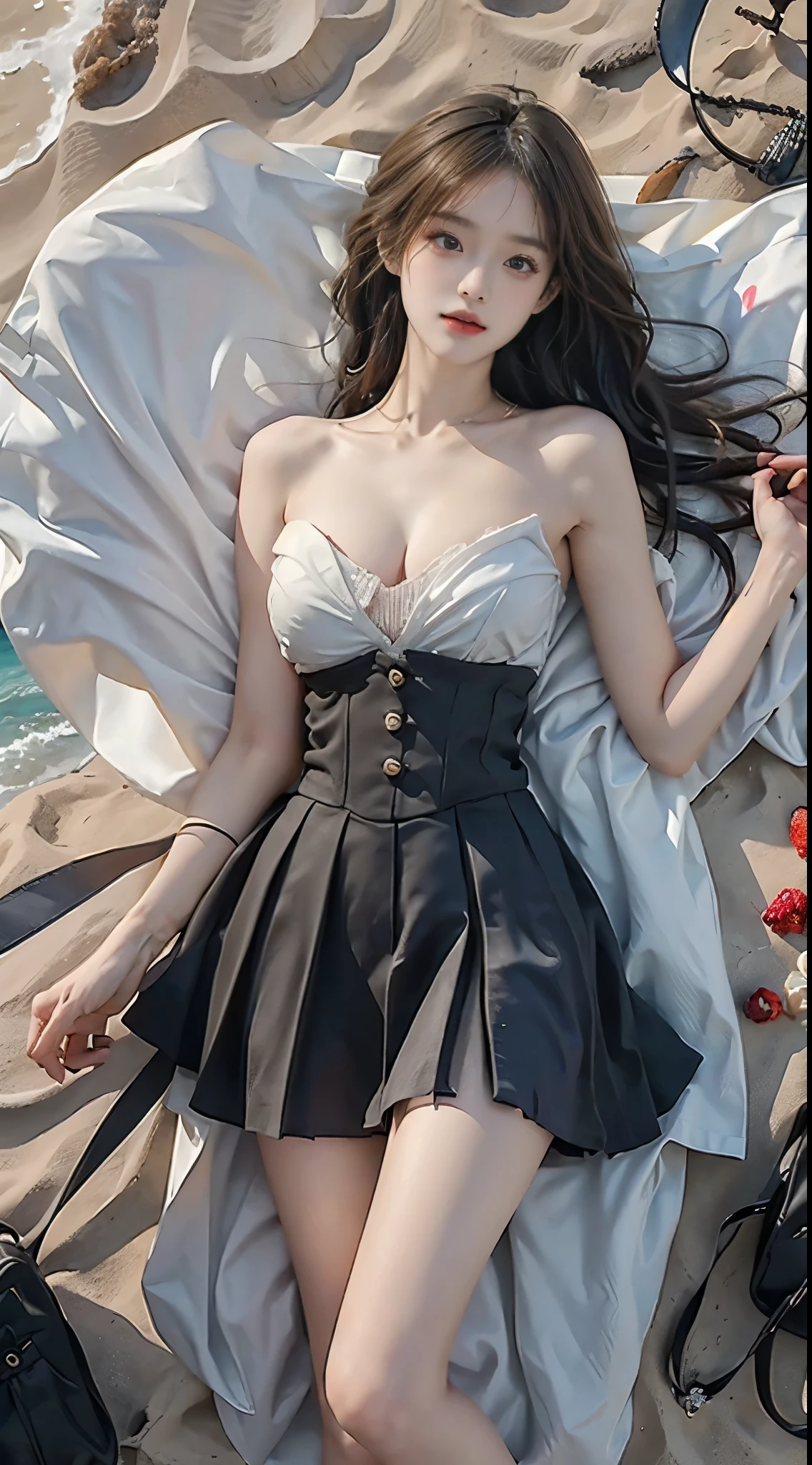 cyb skirt, cyb shirt, high-waist skirt, neck ribbon,, (masterpiece, best quality:1.2), 1girl, solo, ((bare shoulders)), (actual:1.37), ((lying on a beach)), ((Bird&#39;s eye view shot)), Sweet maiden, beautiful妆容, Exquisite makeup, Extremely beautiful eyes, long hair, curls, slim body, ((big breasts, Big breasts, cleavage)), Sexy slender legs, The skirt is short, Leaking sexy legs, elegant posture, Dynamic posing, best quality, correct, correct的手, correct的腿, 解剖学correct, official art, complex, detail的脸, detail, lifelike, Very detailed, amazing, beautiful, Young and energetic, Charming model, Meticulous CG Uniform 8k wallpaper