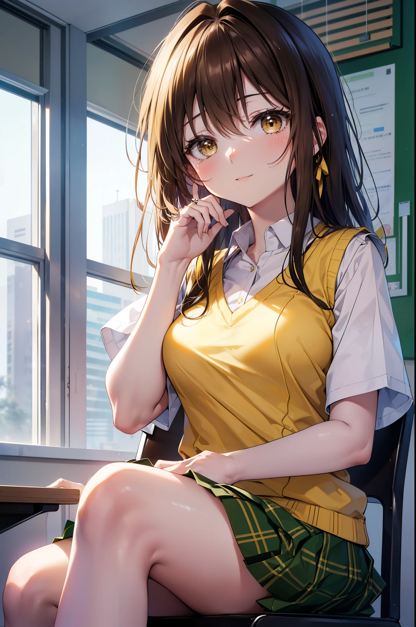 kotegawayui, yui kotegawa, black hair, (brown eyes:1.5), long hair,smile,blush,open your mouth,
break green skirt, plaid, plaid skirt, Sainan High , , skirt, sweater vest, (yellow sweater:1.3), short sleeve,black tights,brown loafers,sit cross-legged on a chair,There is a textbook on the desk,
break looking at viewer,
break indoors, classroom,
break (masterpiece:1.2), highest quality, High resolution, unity 8k wallpaper, (figure:0.8), (detailed and beautiful eyes:1.6), highly detailed face, perfect lighting, Very detailed CG, (perfect hands, perfect anatomy),