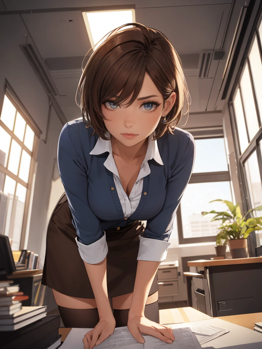 High quality ultra-realistic female images, office room woman, Masterpiece of sexy pose, ((highest quality)), ((Complex)), (surreal), mature woman, perspective, very detailed, shape, 1 girl, perfect hands, finger details, fine and beautiful eyes, short hair, brown eyes, open office shirt, Tight Skirt, stockings, perfect eyes, enchanting eyes, looking at the viewer, from below