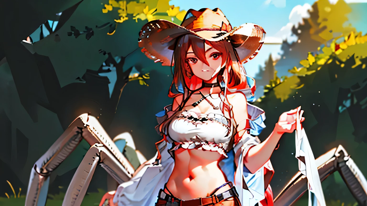 Brown Western Hat, face lighting, bright backlight, super high resolution, best quality, Photos, 1girl, hair between eyes, Arachne, long red hair, blue eyes, looking at viewer, western girl, cowgirl, spider girl ,arthropod girl, solo, full body, extra eyes, monster girl, bangs, hair over shoulder, teeth, bare shoulders, choker, groin, sidelocks, arthropod limbs, forest saloon, Western Costumes, Brown pants, woman western, spider legs coming out of back, spider fused with girl