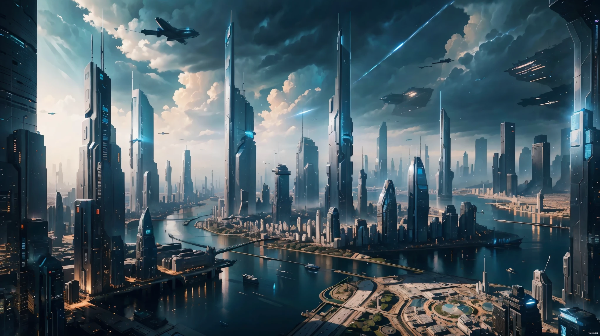 Future city seen from an airplane:1.5,thunder:1.4,port,flying spaceship,skyscraper,master piece,highest quality,ultra high resolution,(Super detailed:1.2),8K,photorealistic,best aesthetic,beautiful