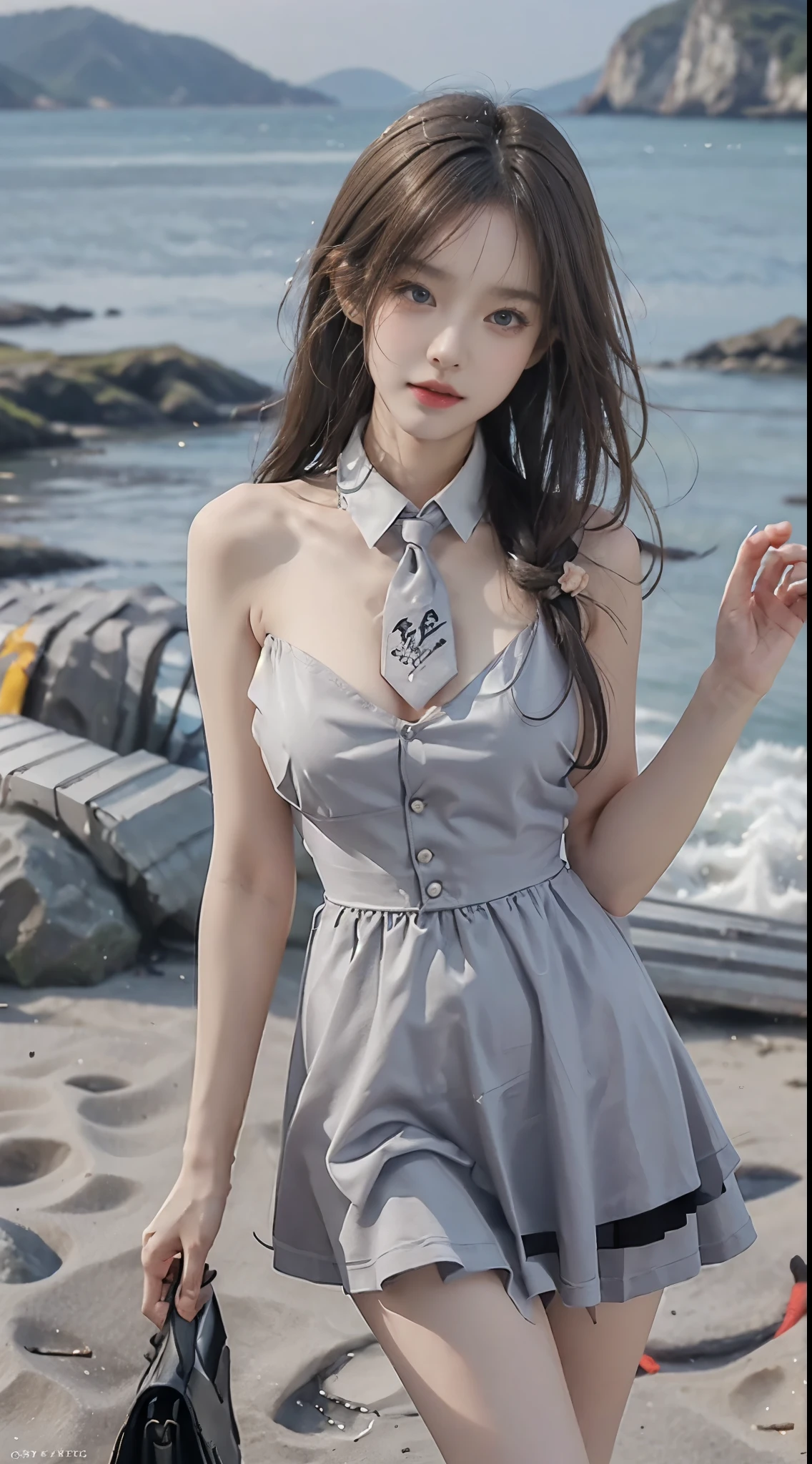 cyb dress, cyb shirt, cyb skirt, necktie, suspender skirt, suspenderasterpiece, best quality:1.2), 1girl, solo, ((bare shoulders)), (actual:1.37), ((lying on a beach)), ((Bird&#39;s eye view shot)), Sweet maiden, beautiful妆容, Exquisite makeup, Extremely beautiful eyes, long hair, curls, slim body, ((big breasts, Big breasts, cleavage)), Sexy slender legs, The skirt is short, Leaking sexy legs, elegant posture, Dynamic posing, best quality, correct, correct的手, correct的腿, 解剖学correct, official art, complex, detail的脸, detail, lifelike, Very detailed, amazing, beautiful, Young and energetic, Charming model, Meticulous CG Uniform 8k wallpaper
