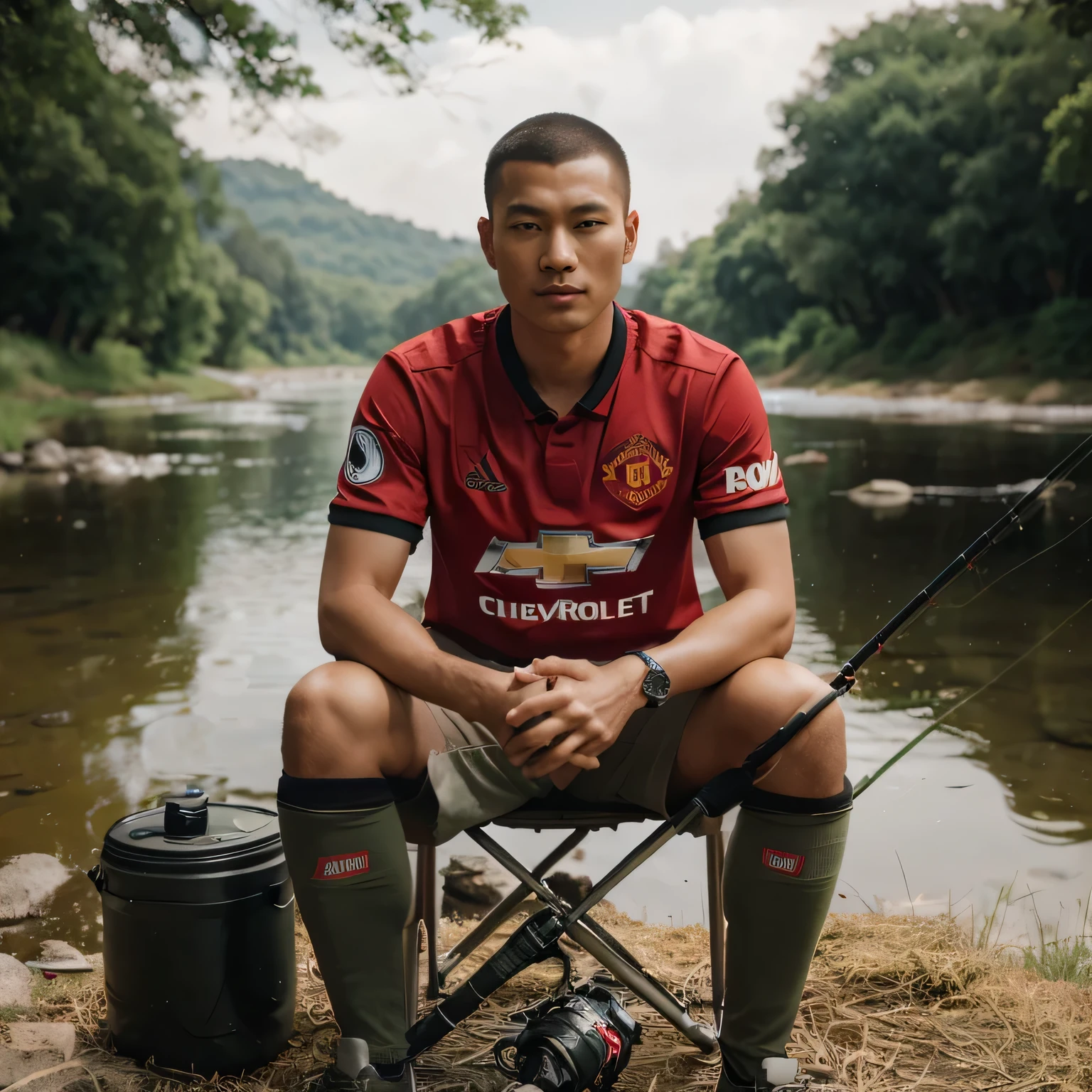Full body, an Asian man with a buzzcut hairstyle wearing the original Manchester United 2024 uniform, sitting on a folding chair by the riverbank, fishing with the world's most expensive fishing equipment. Professional photography, dreamy scene, with a background of green trees and river, as well as grass, dry leaves, and big trees visible from afar, with a flat gaze facing the camera. 