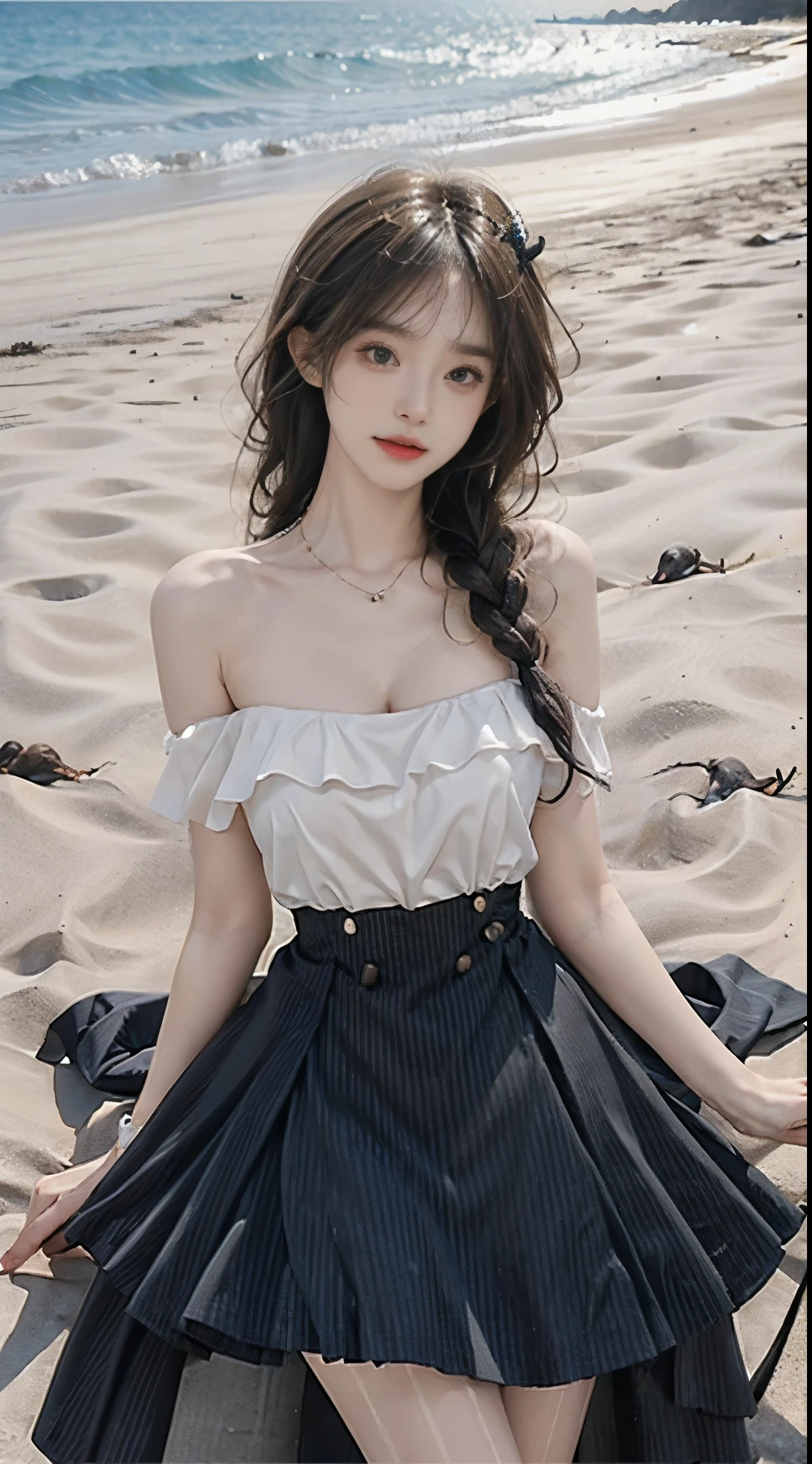 dating dress, pantyhose, high heelasterpiece, best quality:1.2), 1girl, solo, ((bare shoulders)), (actual:1.37), ((lying on a beach)), ((Bird&#39;s eye view shot)), Sweet maiden, beautiful妆容, Exquisite makeup, Extremely beautiful eyes, long hair, curls, slim body, ((big breasts, Big breasts, cleavage)), Sexy slender legs, The skirt is short, Leaking sexy legs, elegant posture, Dynamic posing, best quality, correct, correct的手, correct的腿, 解剖学correct, official art, complex, detail的脸, detail, lifelike, Very detailed, amazing, beautiful, Young and energetic, Charming model, Meticulous CG Uniform 8k wallpaper