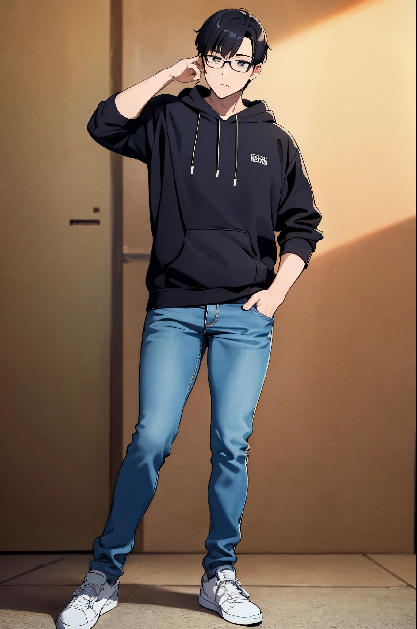 (high quality, breathtaking),(expressive eyes, perfect face) ((最high quality)), ((masterpiece)), (whole body), From the front, whole bodyの肖像画, Are standing, Hand shape with attention to detail, Finger shape with attention to detail, Foot shape with attention to detail, one man, a little fat, Wearing a hoodie, black hair, wear glasses, wearing jeans, sleepy head