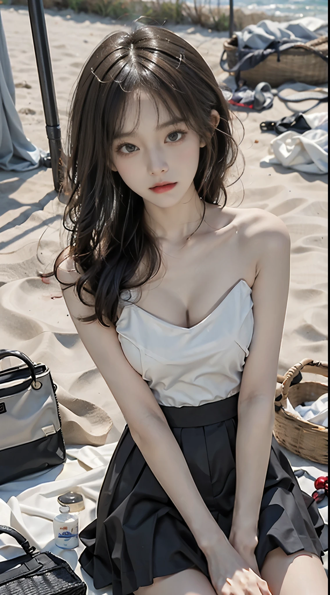 dating attire, (masterpiece, best quality:1.2), 1girl, solo, ((bare shoulders)), (actual:1.37), ((lying on a beach)), ((Bird&#39;s eye view shot)), Sweet maiden, beautiful妆容, Exquisite makeup, Extremely beautiful eyes, long hair, curls, slim body, ((big breasts, Big breasts, cleavage)), Sexy slender legs, The skirt is short, Leaking sexy legs, elegant posture, Dynamic posing, best quality, correct, correct的手, correct的腿, 解剖学correct, official art, complex, detail的脸, detail, lifelike, Very detailed, amazing, beautiful, Young and energetic, Charming model, Meticulous CG Uniform 8k wallpaper