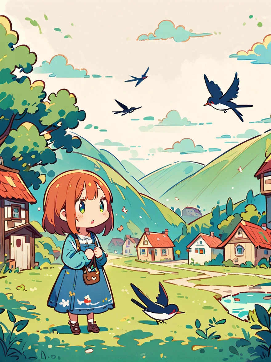 (The girl's head is decorated with whimsical illustrations of houses, swallows), trees and hills in green tones, evoking the charm of a charming rural landscape. The background blends in with her hair, exuding an air of tranquility and creating a harmonious composition that captures the beauty of nature. The illustration symbolizes the harmony between humans and the environment, focusing on the face. ((White background))