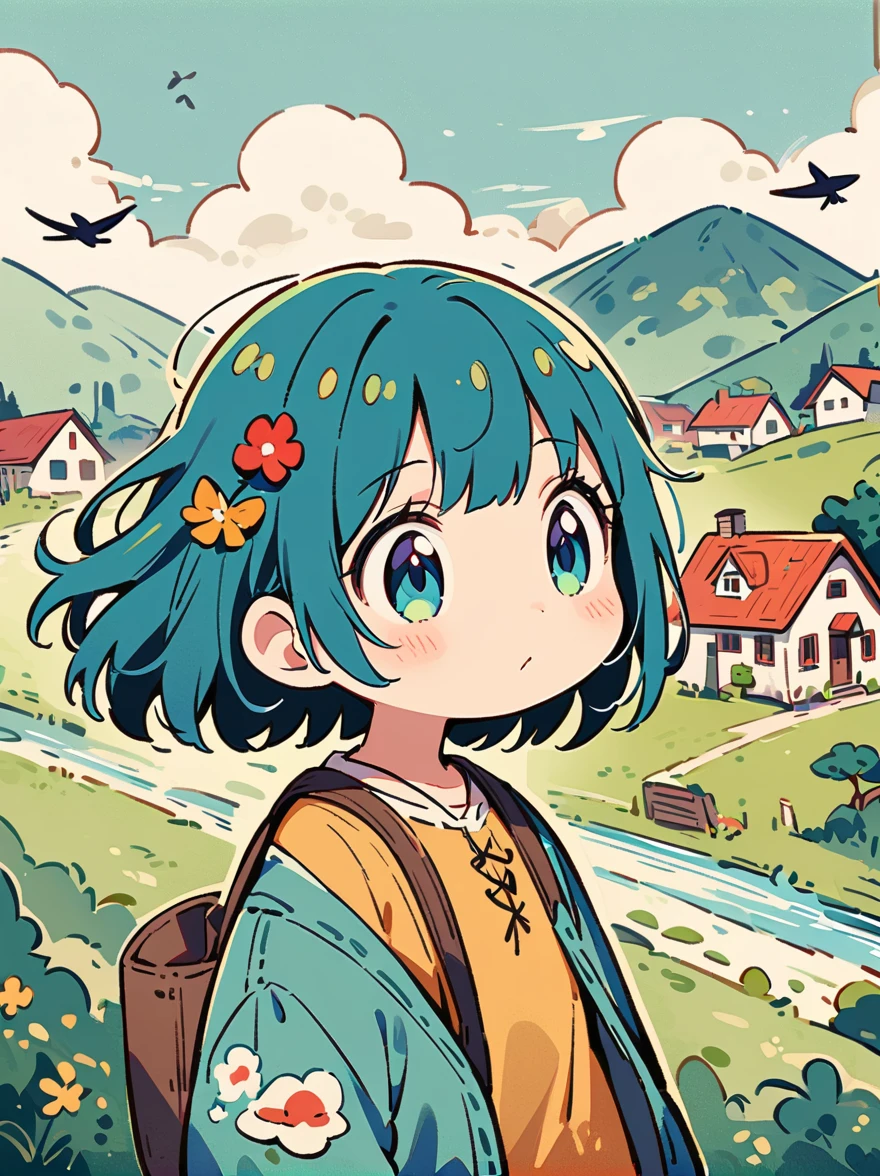 (The girl's head is decorated with whimsical illustrations of houses, swallows), trees and hills in green tones, evoking the charm of a charming rural landscape. The background blends in with her hair, exuding an air of tranquility and creating a harmonious composition that captures the beauty of nature. The illustration symbolizes the harmony between humans and the environment, focusing on the face. ((White background))