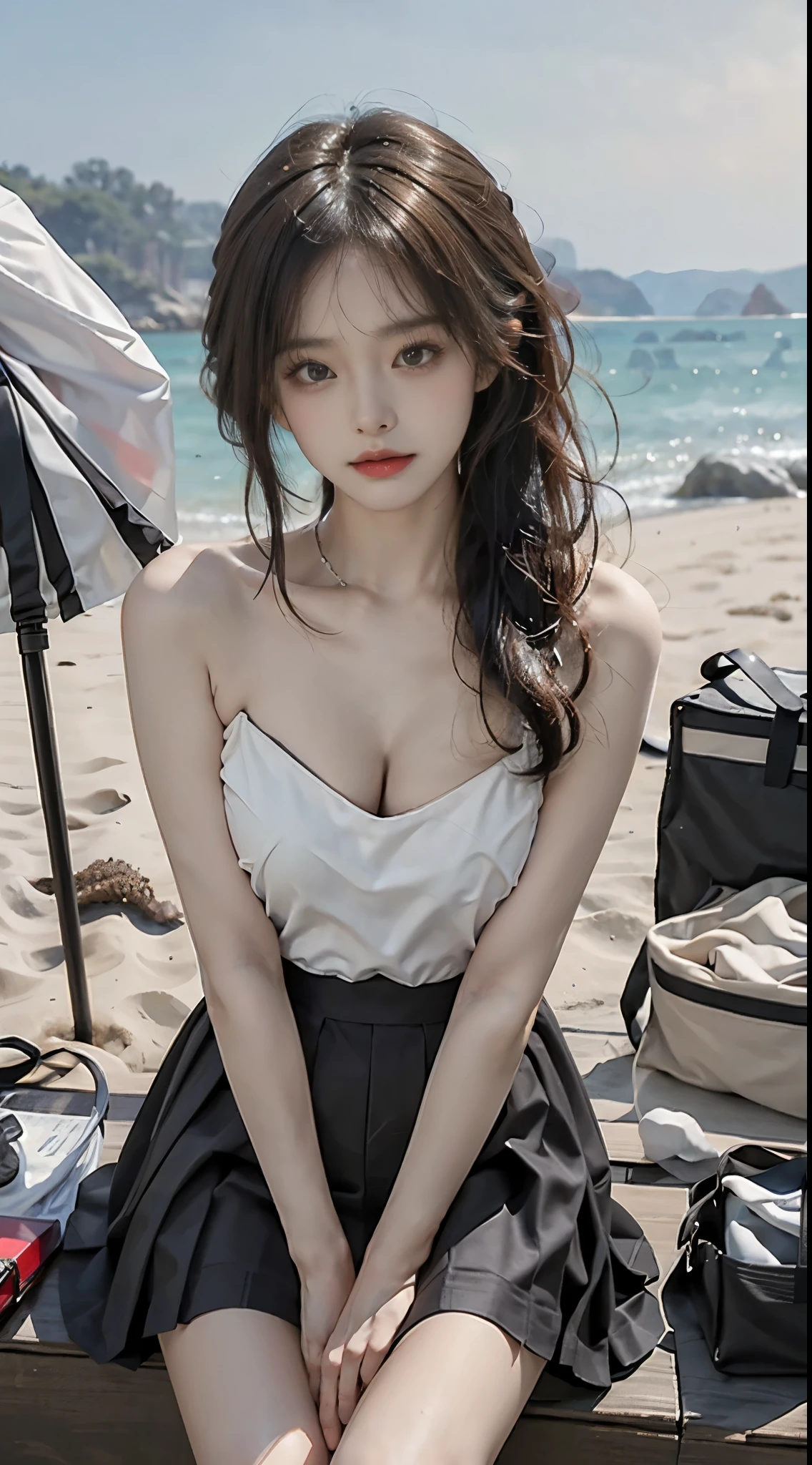 dating attire, (masterpiece, best quality:1.2), 1girl, solo, ((bare shoulders)), (actual:1.37), ((lying on a beach)), ((Bird&#39;s eye view shot)), Sweet maiden, beautiful妆容, Exquisite makeup, Extremely beautiful eyes, long hair, curls, slim body, ((big breasts, Big breasts, cleavage)), Sexy slender legs, The skirt is short, Leaking sexy legs, elegant posture, Dynamic posing, best quality, correct, correct的手, correct的腿, 解剖学correct, official art, complex, detail的脸, detail, lifelike, Very detailed, amazing, beautiful, Young and energetic, Charming model, Meticulous CG Uniform 8k wallpaper