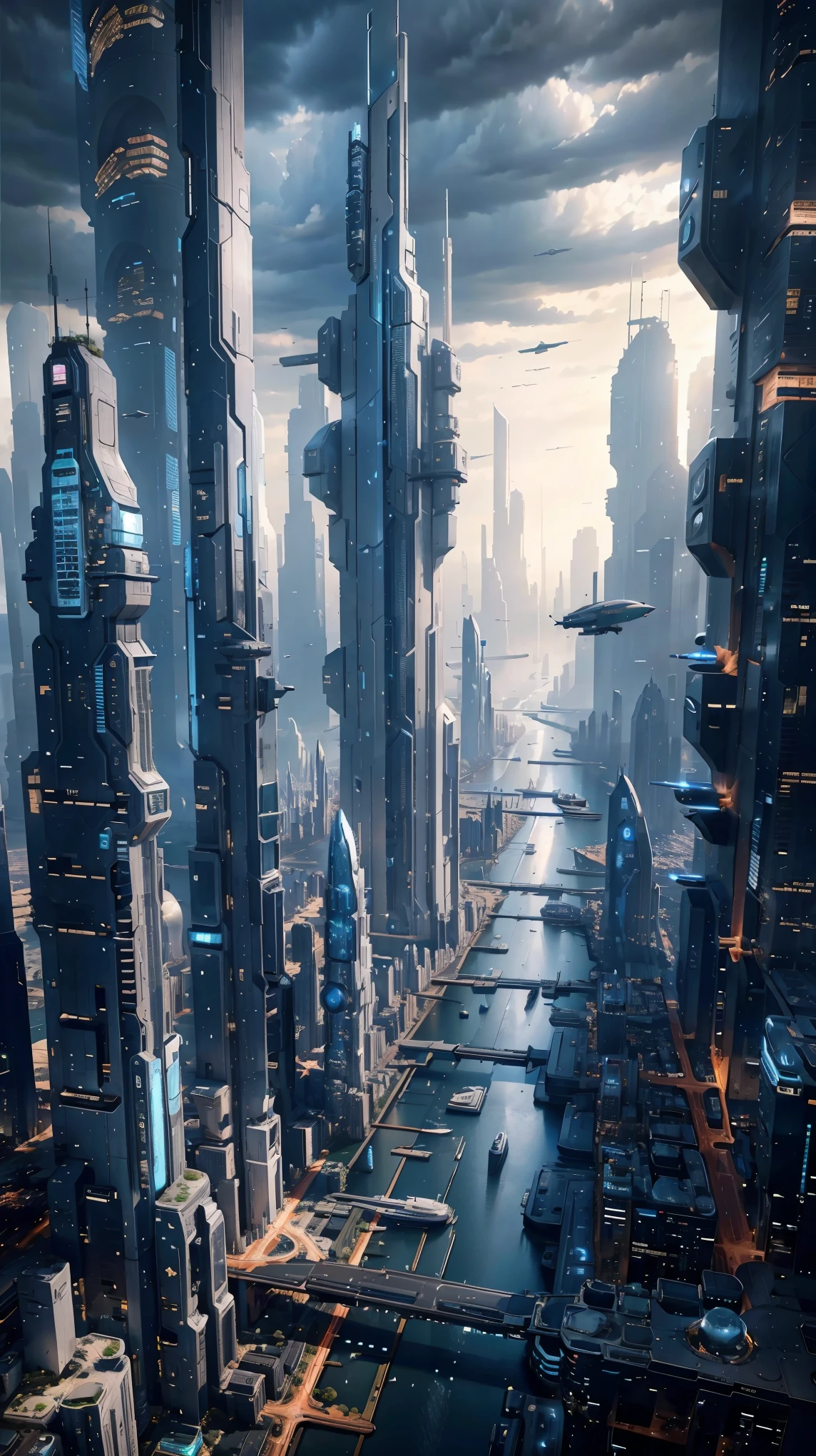 Future city seen from an airplane:1.5,thunder:1.4,port,flying spaceship,skyscraper,master piece,highest quality,ultra high resolution,(Super detailed:1.2),8K,photorealistic,best aesthetic,beautiful