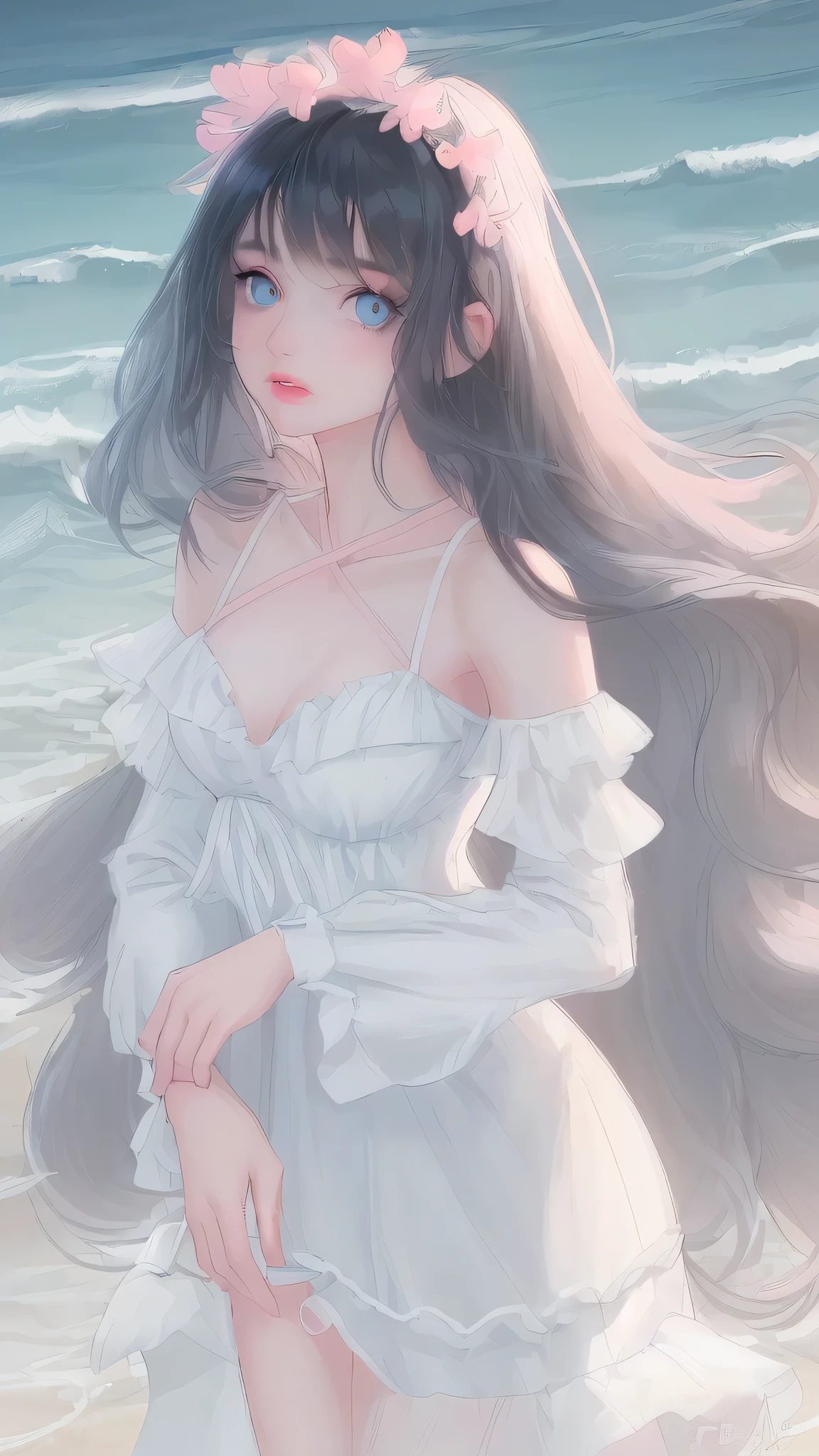 enjoying the beach atmosphere.Top quality, very high resolution, beauty 1 female, medium length wavy hair, Black hair, pastel light blue colored eyes, pretty face, fair skin, soft gaze, natural pink lips, looking at the viewer, plain white dress. enjoying the atmosphere, perfect face, perfect lip, beautifull princess.