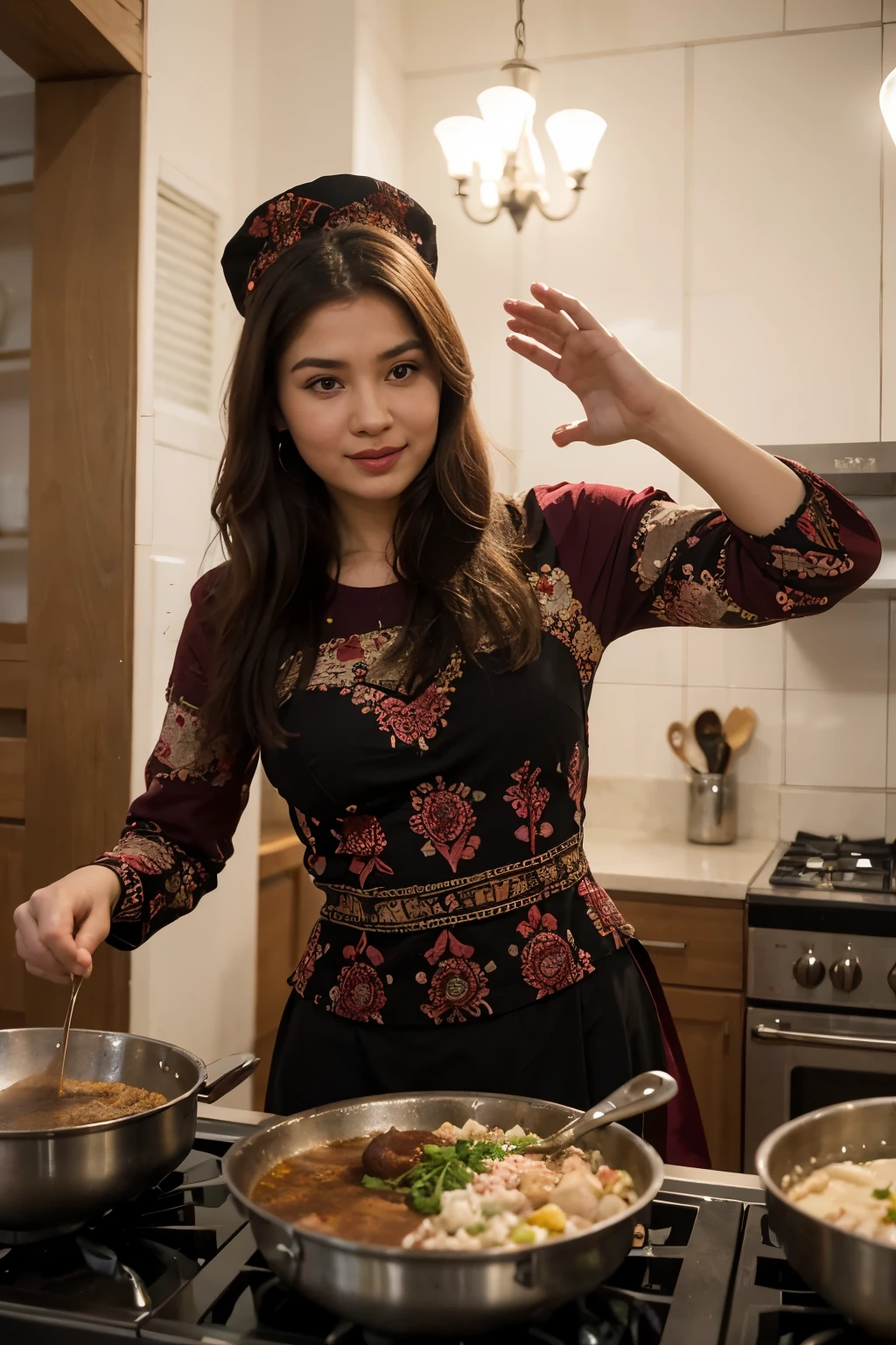 create an image showing many uzbek people with traditional uzbek clothes, dancing and celebrating their Nowruz march 21st day Cooking Sumalak which is their traditional food. On the left and right hand sides of the image, try to show Uzbekistan's beautiful landscapes and landmarks in a beautiful volley which has so beautiful patterns on them