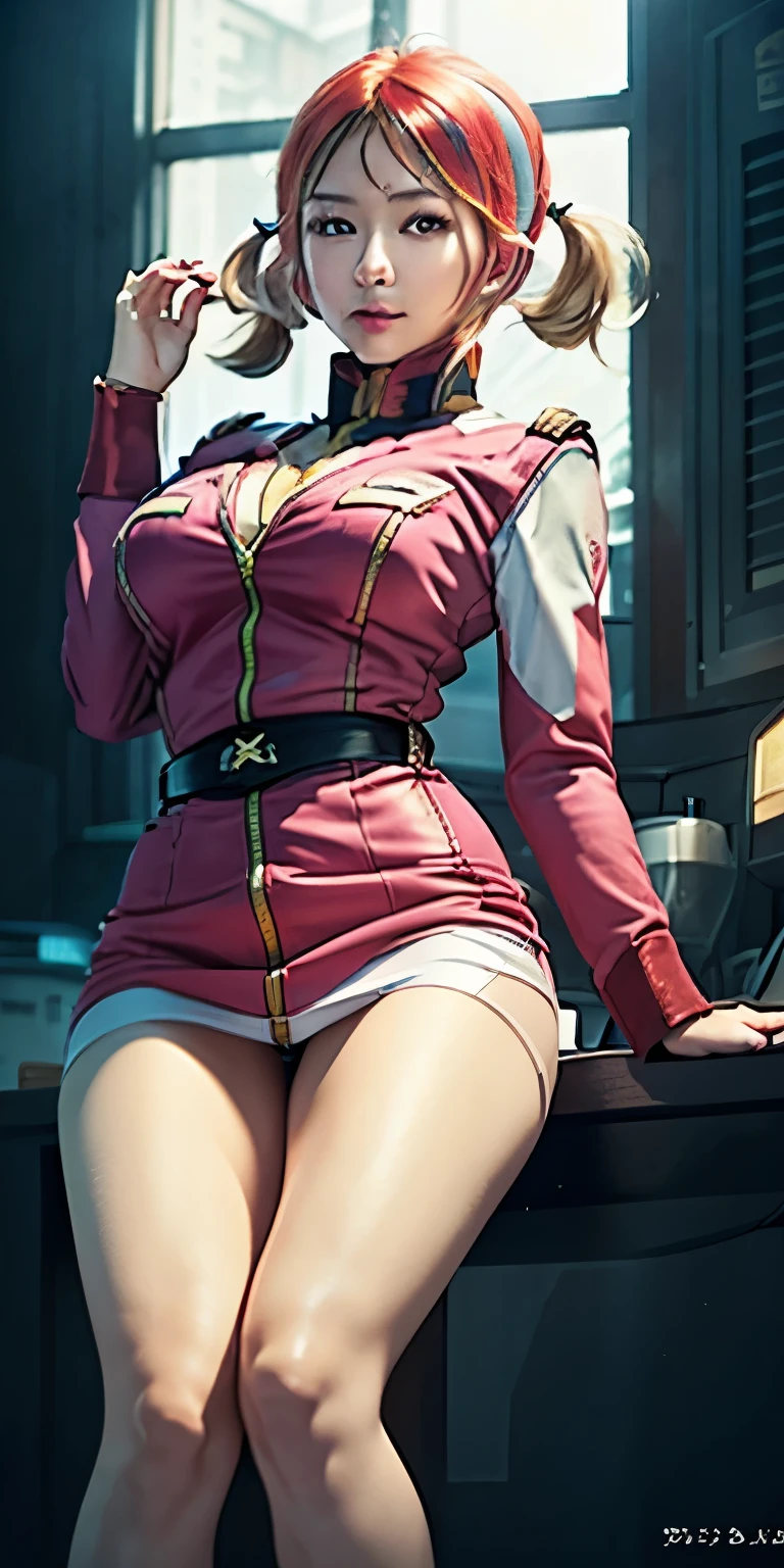 (8K、Raw 写真y、shot by DSLR,highest quality、masterpiece:1.2),(bright hair、Pigtails:1.7),show viewer,Looking at the front,erotic、spread legs、show white panties,。wearing federal military costumes.:1.6)、(Clothing that emphasizes the shape of your chest:1.3)、(big breasts :1.3)、、ultra high resolution,beautiful,beautiful fece,whole bodyボディー,、(black eye、japanese woman: 1.3),(Photoreal:1.37)、beautiful太もも、beautifulパンティ、beautiful写真, (I can see your knees,close up of thighs、the skirt is too short、spread your legs、show off white panties:1.1),whole body、super fine
