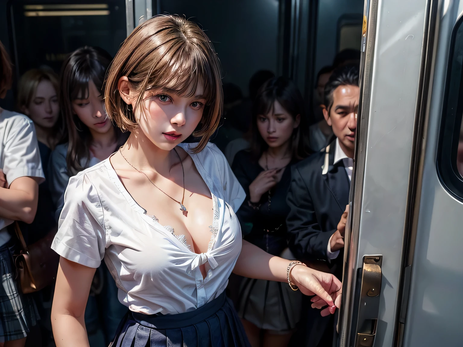 masterpiece:1.3), (8K, realistic, Raw photo, highest quality: 1.4), (1 girl), beautiful face, (realistic face), (brown hair, you feel the skin、 short hair:1.3,With bangs), beautiful hairstyle, realistic eyes, fine and beautiful eyes, (realistic skin), beautiful skin、((navy miniskirt、white blouse、I have a black bag、beautiful necklace))、((medium breasts))、(in a crowded train)、From the side、full body、(look away)、I can see the whole body、(Are standing)、crossed arms、((chest hold))、18 year old beautiful girl、beautiful clavicle