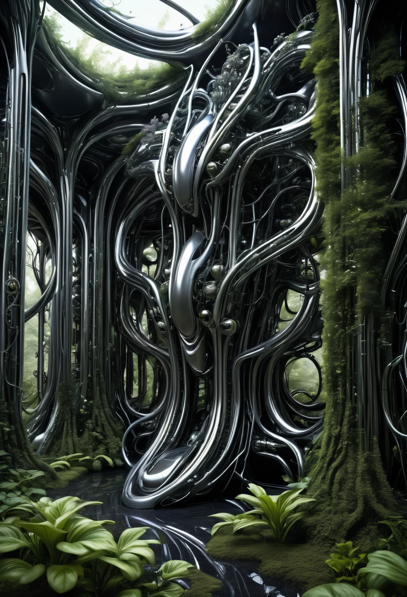 A biomechanical garden where fractal flowers bloom from metallic vines, while robotic insects buzz amidst pulsating fungal structures style of HR Giger