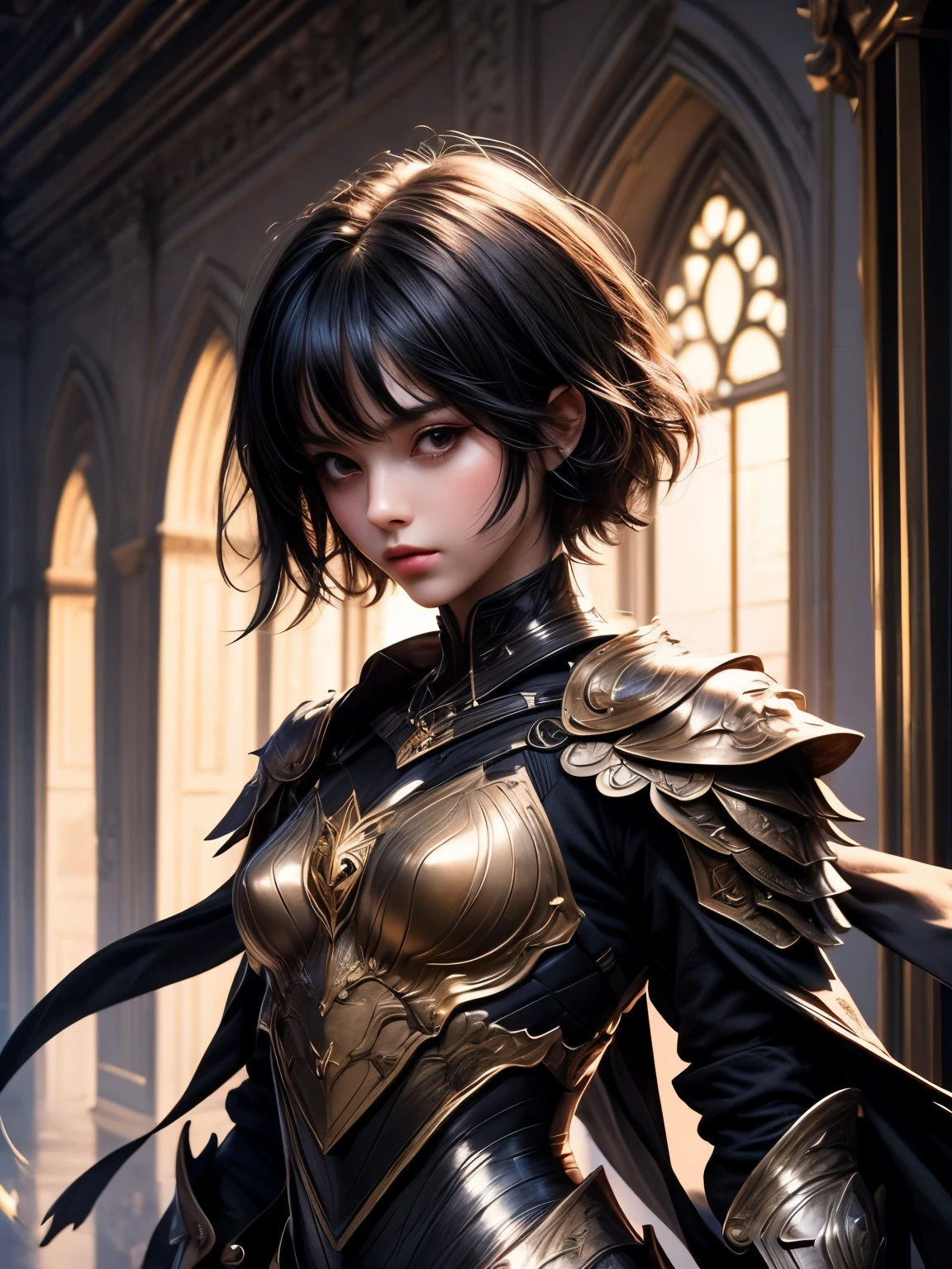 (((Best Quality))), ((Ultra-detailed)), (extremely detailed photo), ((extremely delicate and beautiful)),(Cute delicate face), ((masterpiece)), perfect anatomy, intricate, (highly detailed), masterpiece, photorealistic, (Tall and cool 20 year old boyish girl),(amber and black armor:1.3), ((Castle Town)) ,(upper body),(holding glowing sword),alone,(black hair and short hair),(dynamic pose), looking at viewer, double eyelid,delicate skin,slender body shape,small breast