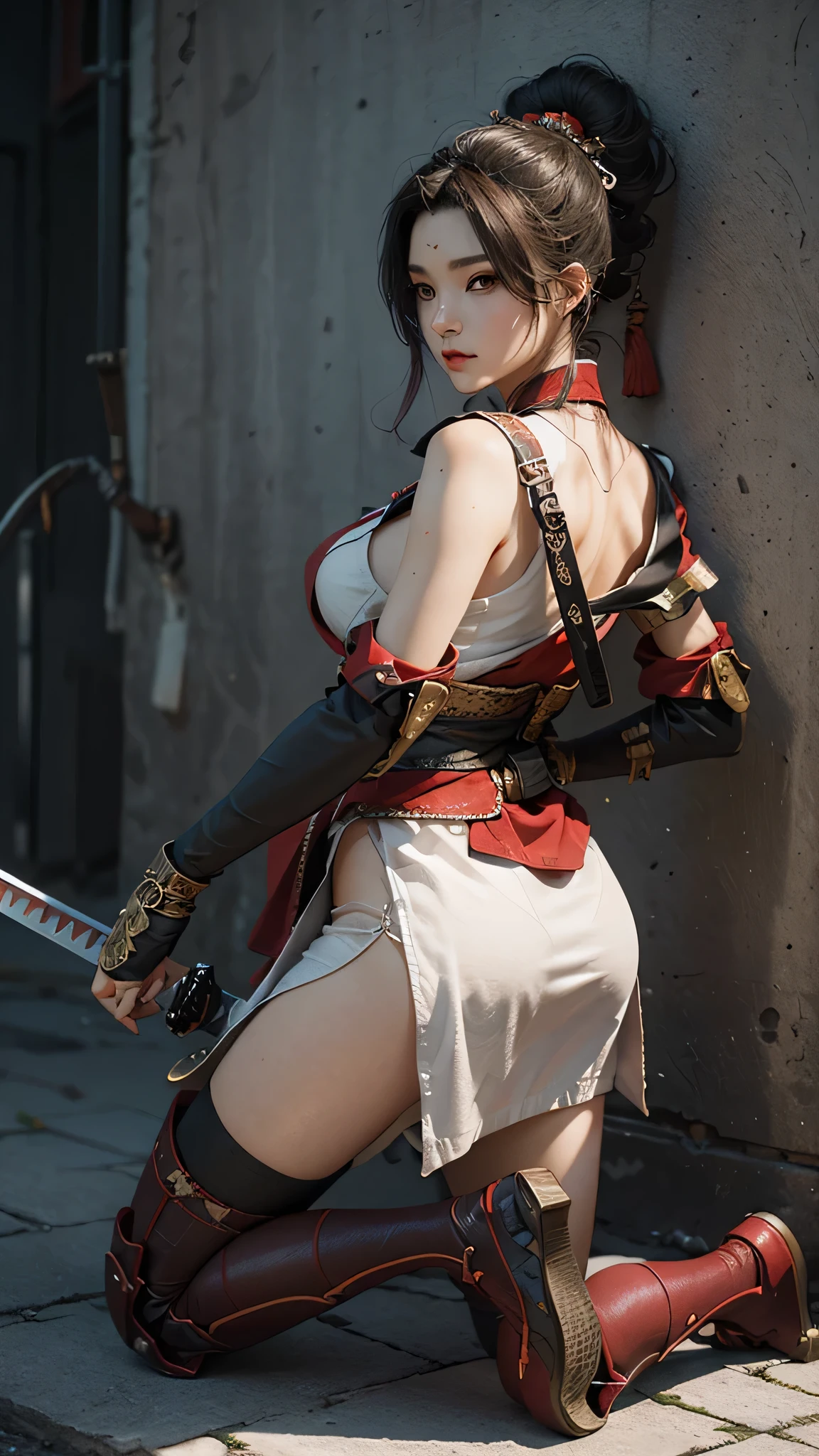 Hold the sword and open the scabbard.Handsome female warrior wearing dark red skirt, misty forest background.bokeh background.portrait,(best quality,4K,8K,high resolution,masterpiece:1.2) Art Station Contest Winners, fantasy art, female warrior, very beautiful cyberpunk samurai, Samurai sword, beautiful female warrior, beautiful female warrior, warrior princess, warrior girl, beautiful figure painting, she is holding a Samurai sword sword, japanese samurai, Ono City