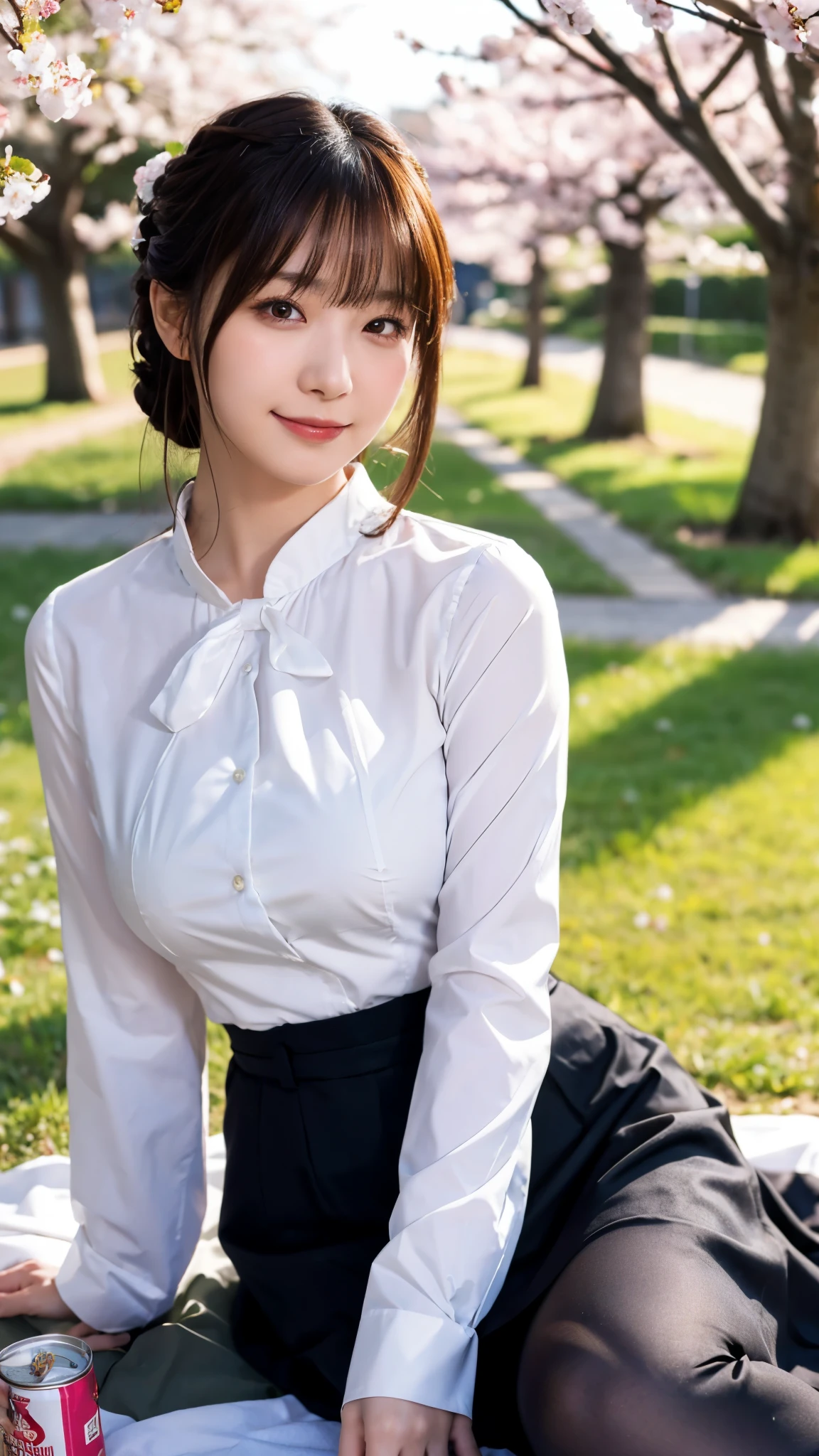 (highest quality,masterpiece:1.3,ultra high resolution),(Super detailed,caustics,8k),(photorealistic:1.4,RAW shooting),1 girl,sitting on the grass,(Holding a can of beer in hand),(smile),(blush),(Moist eyes),stare at the camera,25 years old,cute,Japanese,natural brown medium hair,(white blouse),black skirt,glamorous,(big boobs),(breast focus),(boobs close up),darkness,Cherry blossom trees,Illuminated night cherry blossoms,professional writing,(bust up shot),(low position),(Low - Angle)