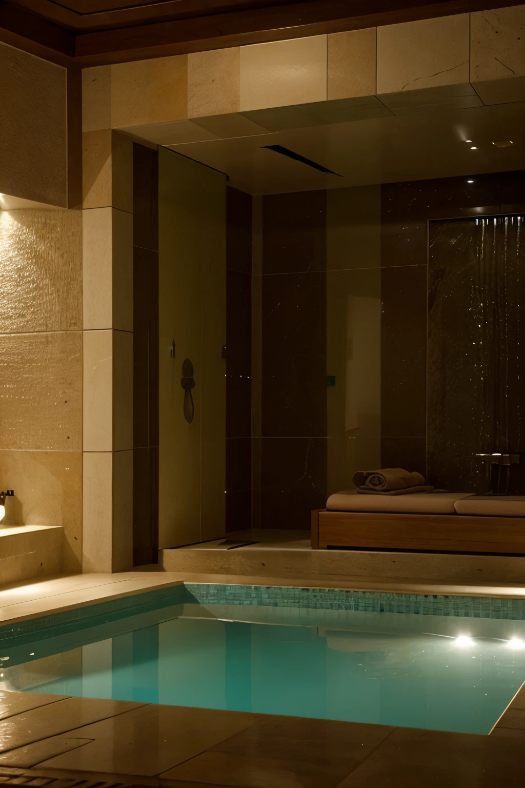 douche a l'italienne, spacieuse, pierre apparentes, spa, hammam, dim light, ambiance chaleureuse